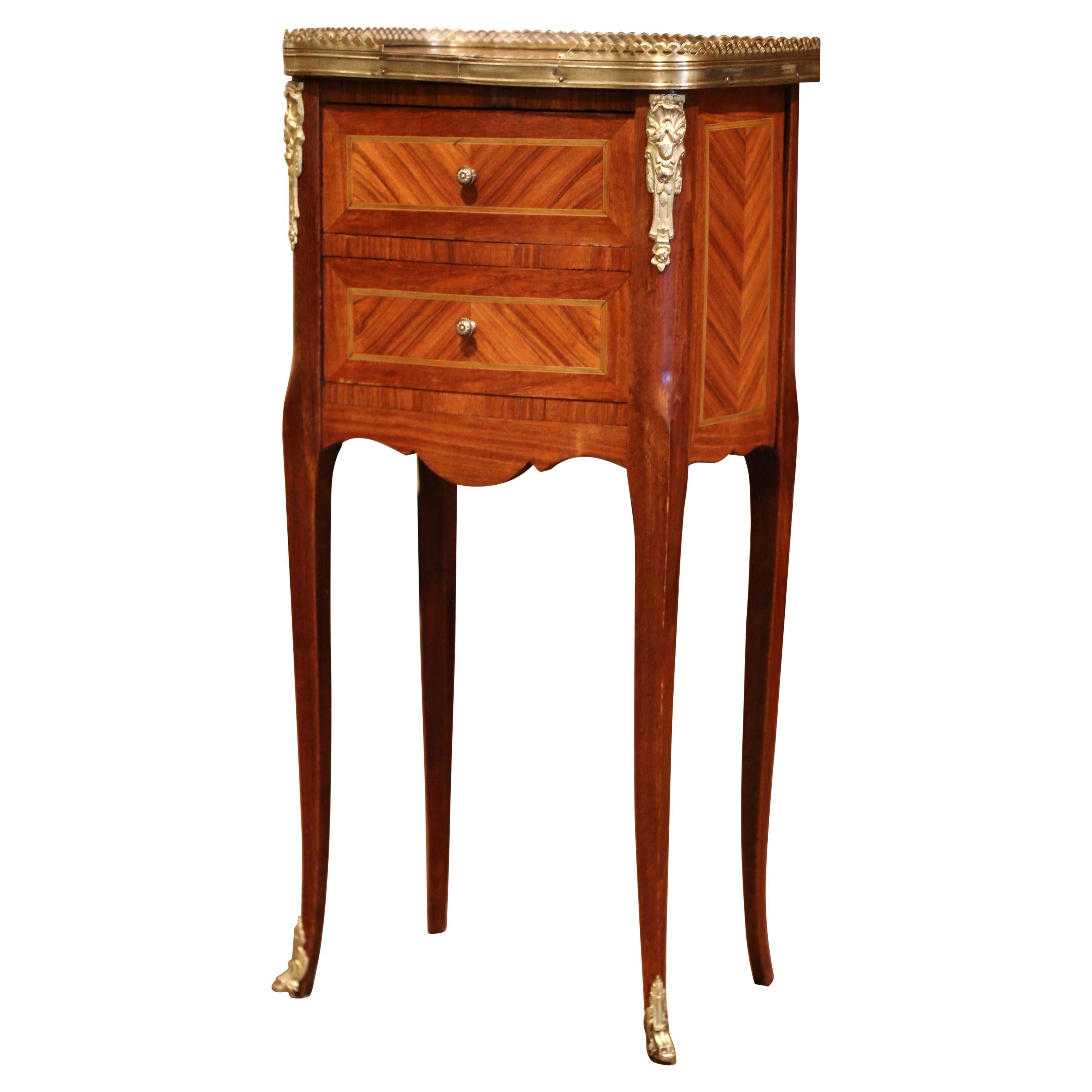 19th Century French Marquetry and Bronze Walnut Nightstand with Marble Top