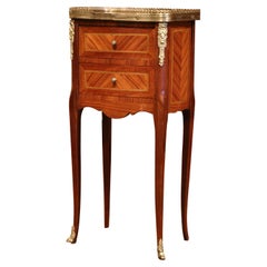 19th Century French Marquetry and Bronze Walnut Nightstand with Marble Top