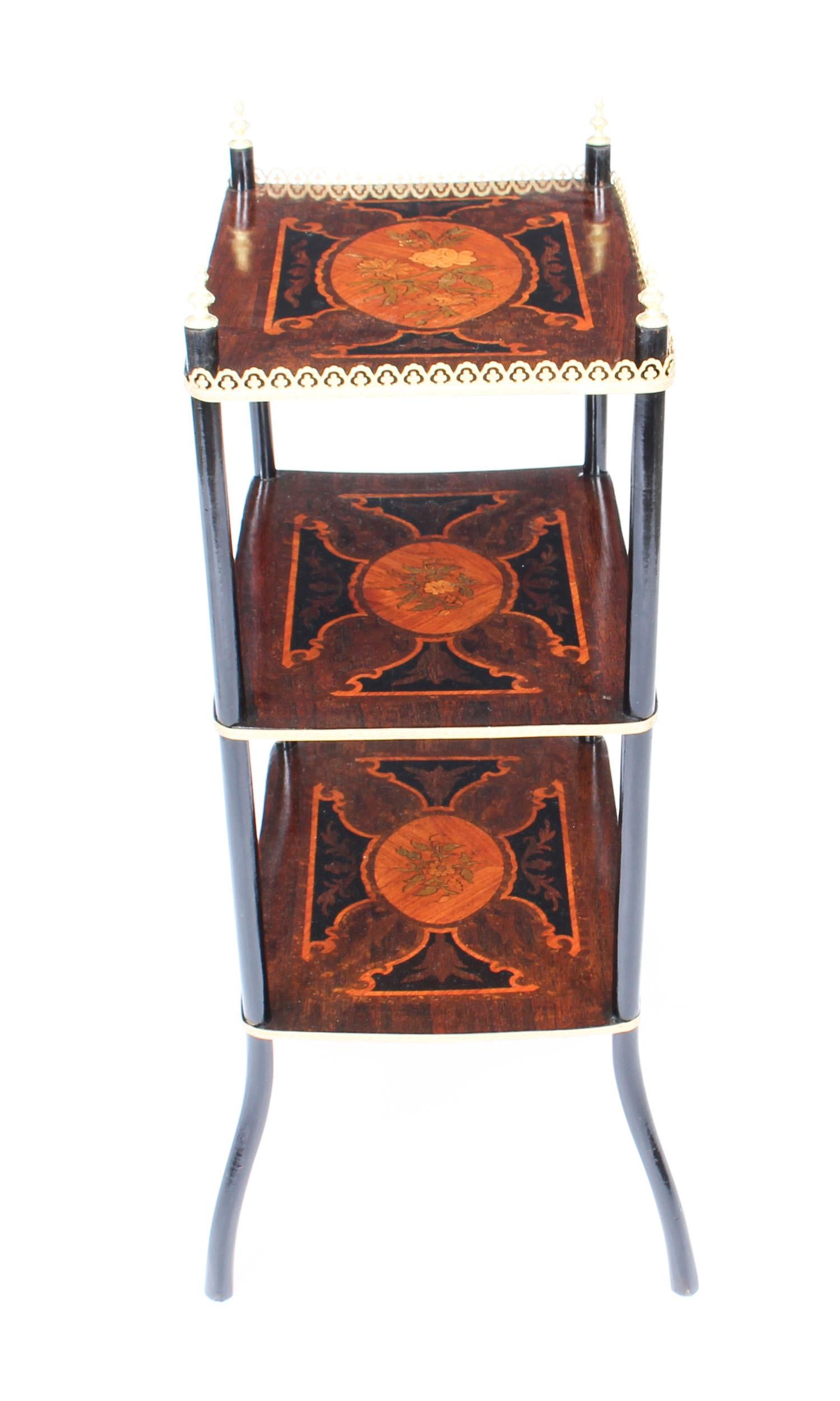 Ebonized 19th Century French Marquetry and Ormolu Three-Tier Étagère Table