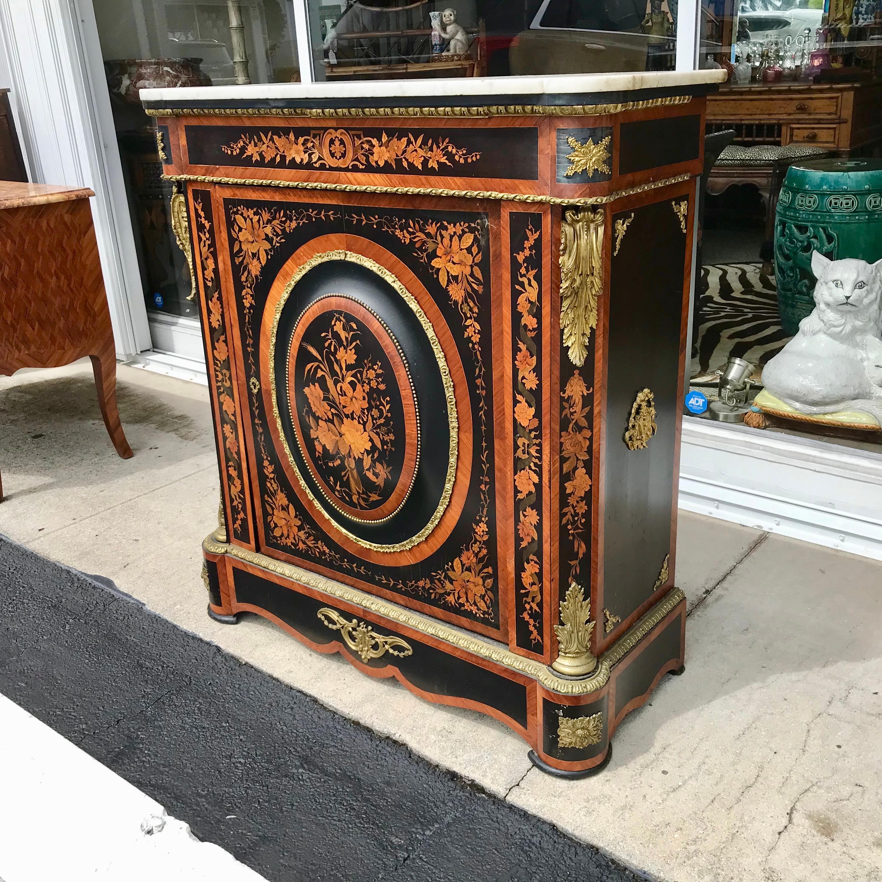 Marble 19th Century French Marquetry Side Cabinet