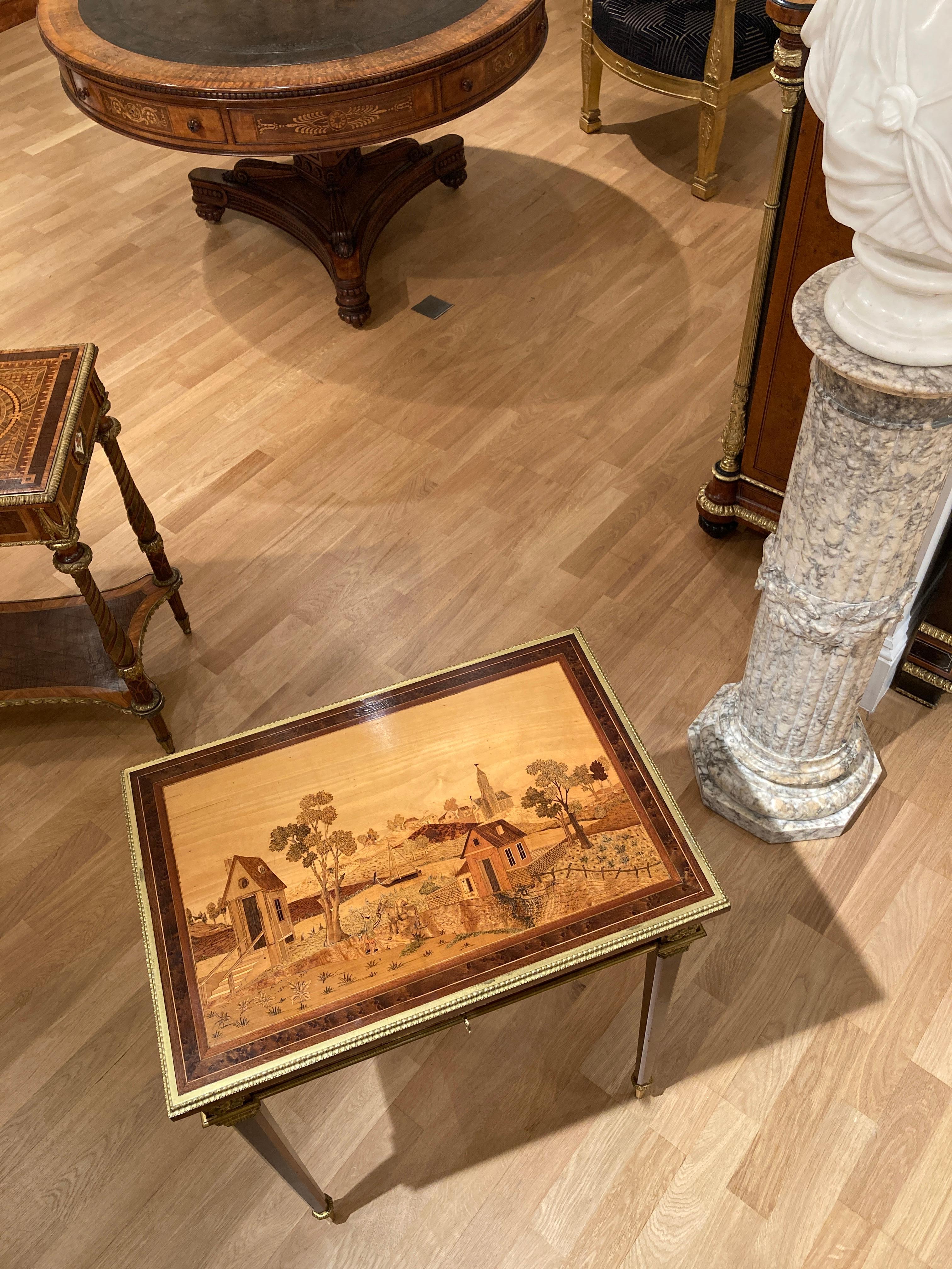 Table d'appoint en marqueterie française représentant un paysage en bois spécimen, XIXe siècle en vente 4