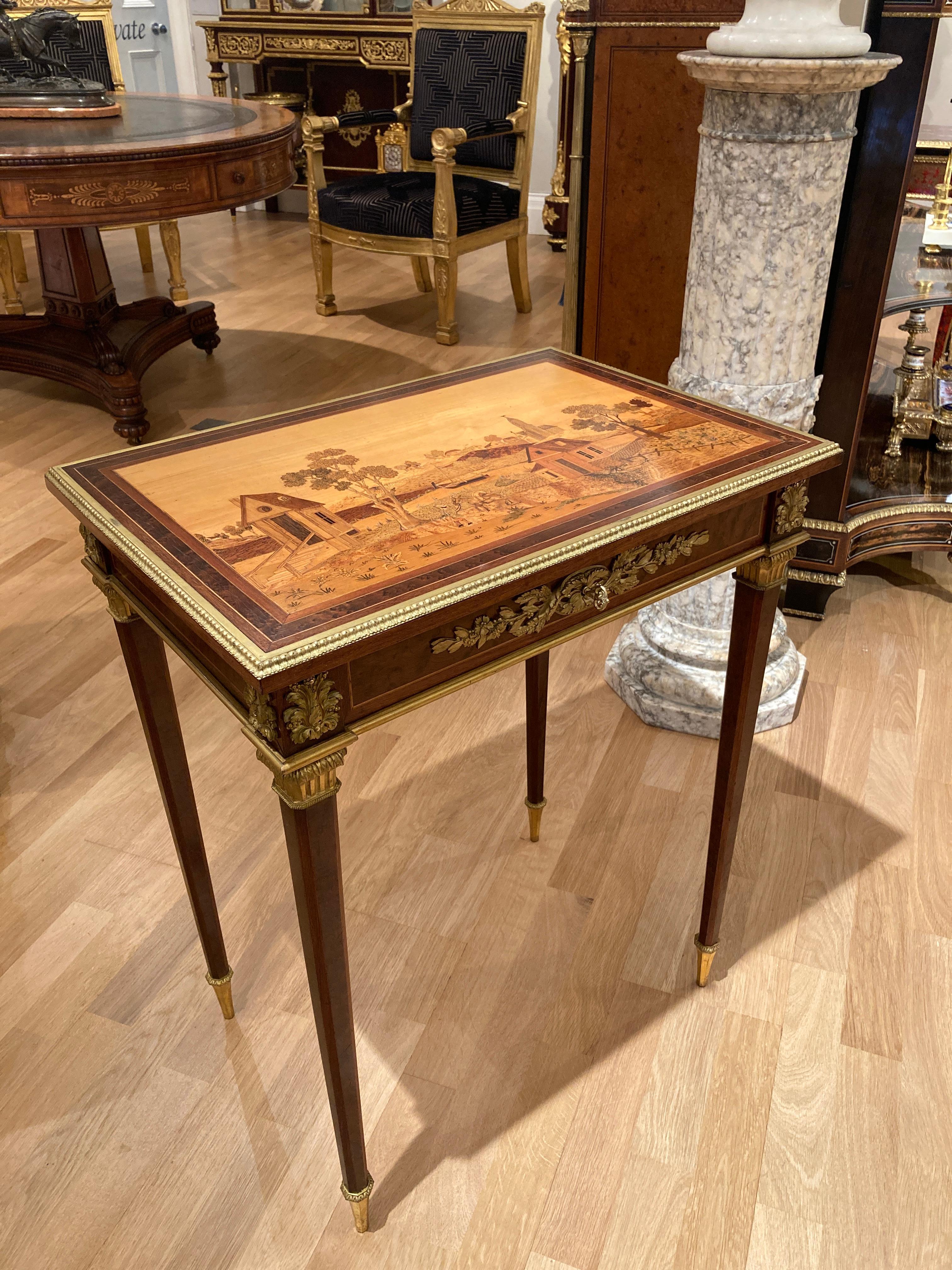 Ormolu 19th Century French Marquetry Side Table Depicting a Landscape of Specimen Woods For Sale