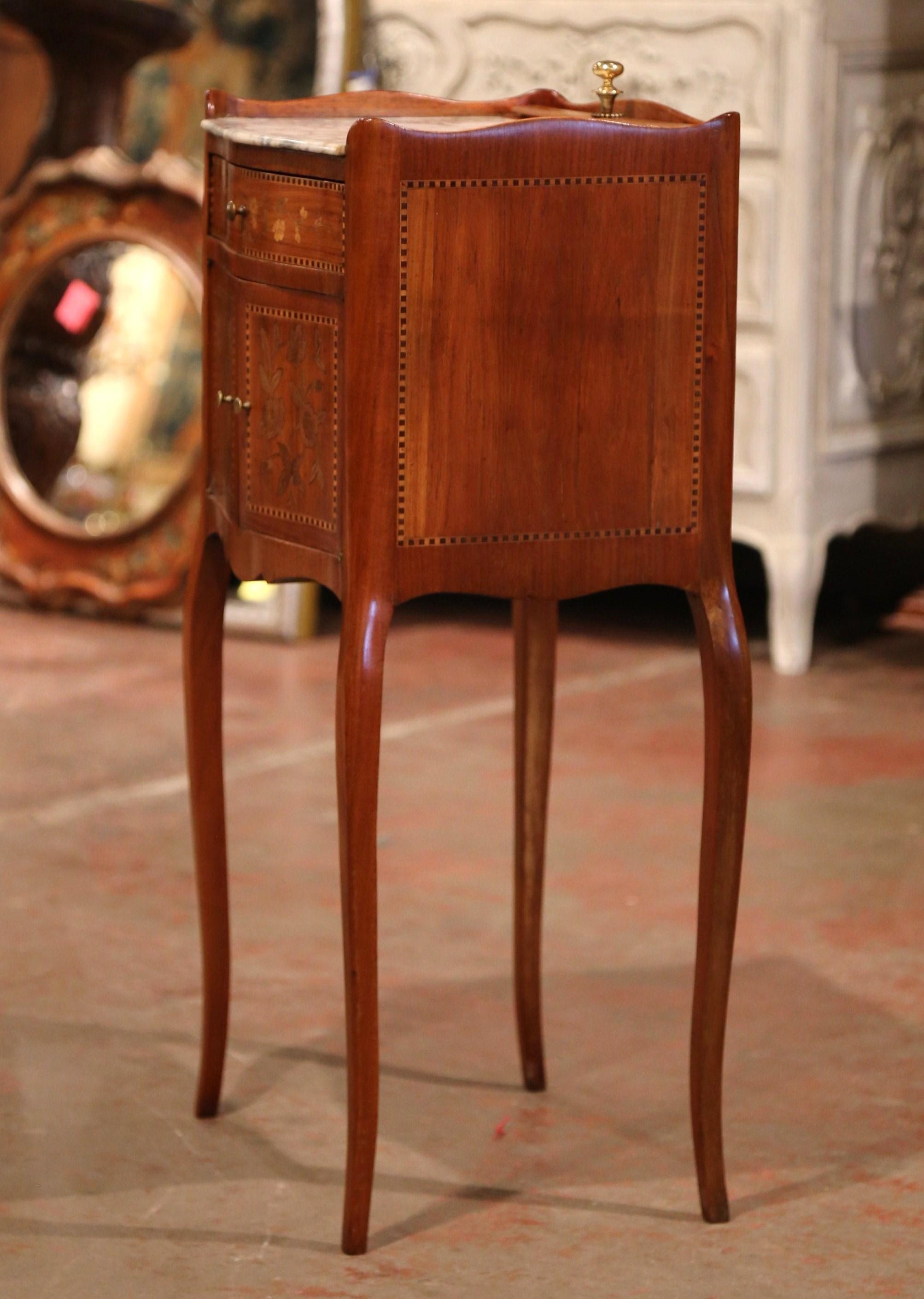 19th Century French Marquetry Walnut and Marble Nightstand with Pull up Mirror 5