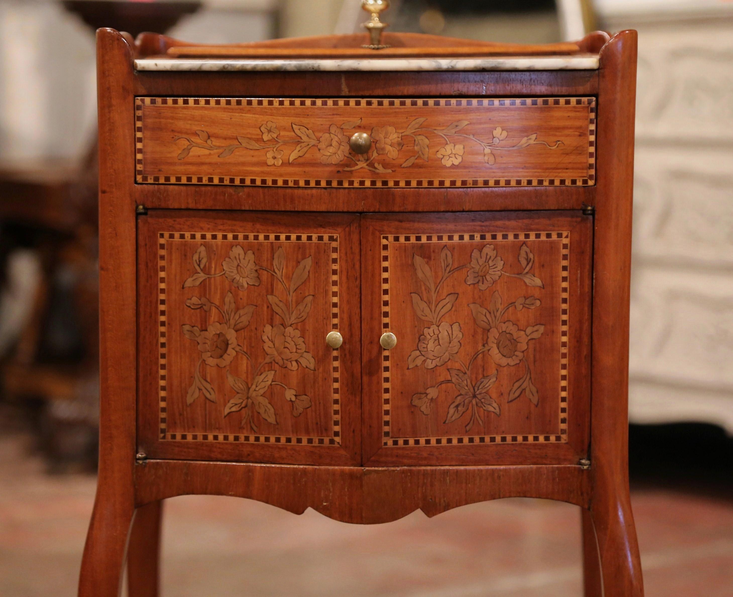 19th Century French Marquetry Walnut and Marble Nightstand with Pull up Mirror In Excellent Condition In Dallas, TX