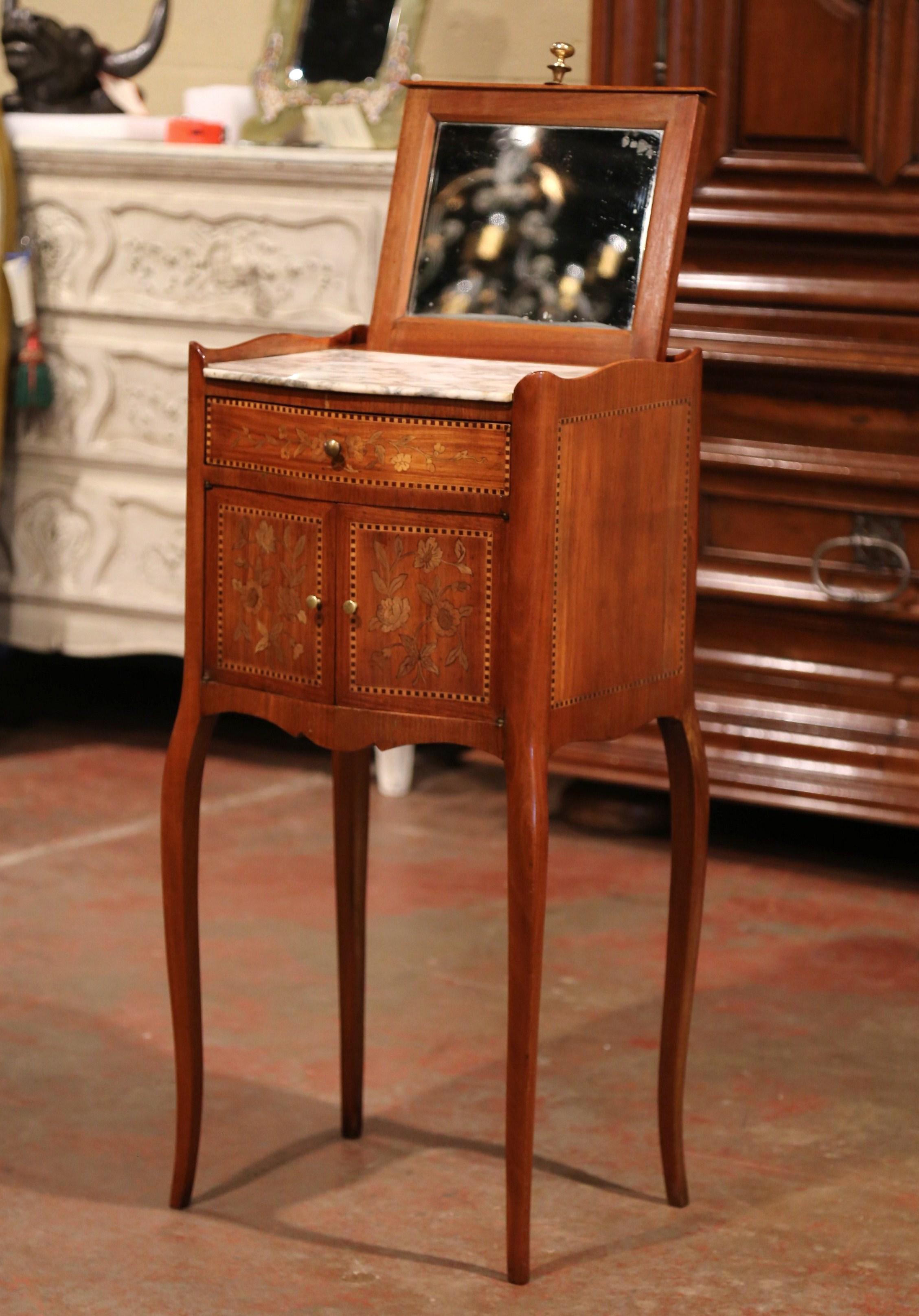 Mercury Glass 19th Century French Marquetry Walnut and Marble Nightstand with Pull up Mirror
