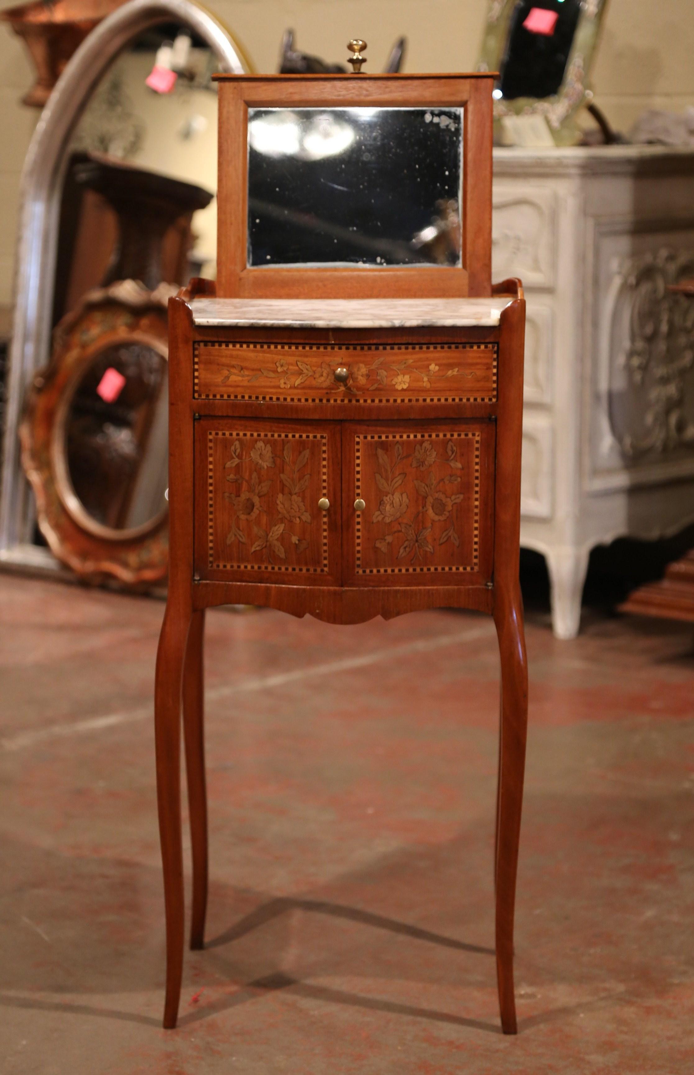 19th Century French Marquetry Walnut and Marble Nightstand with Pull up Mirror 1