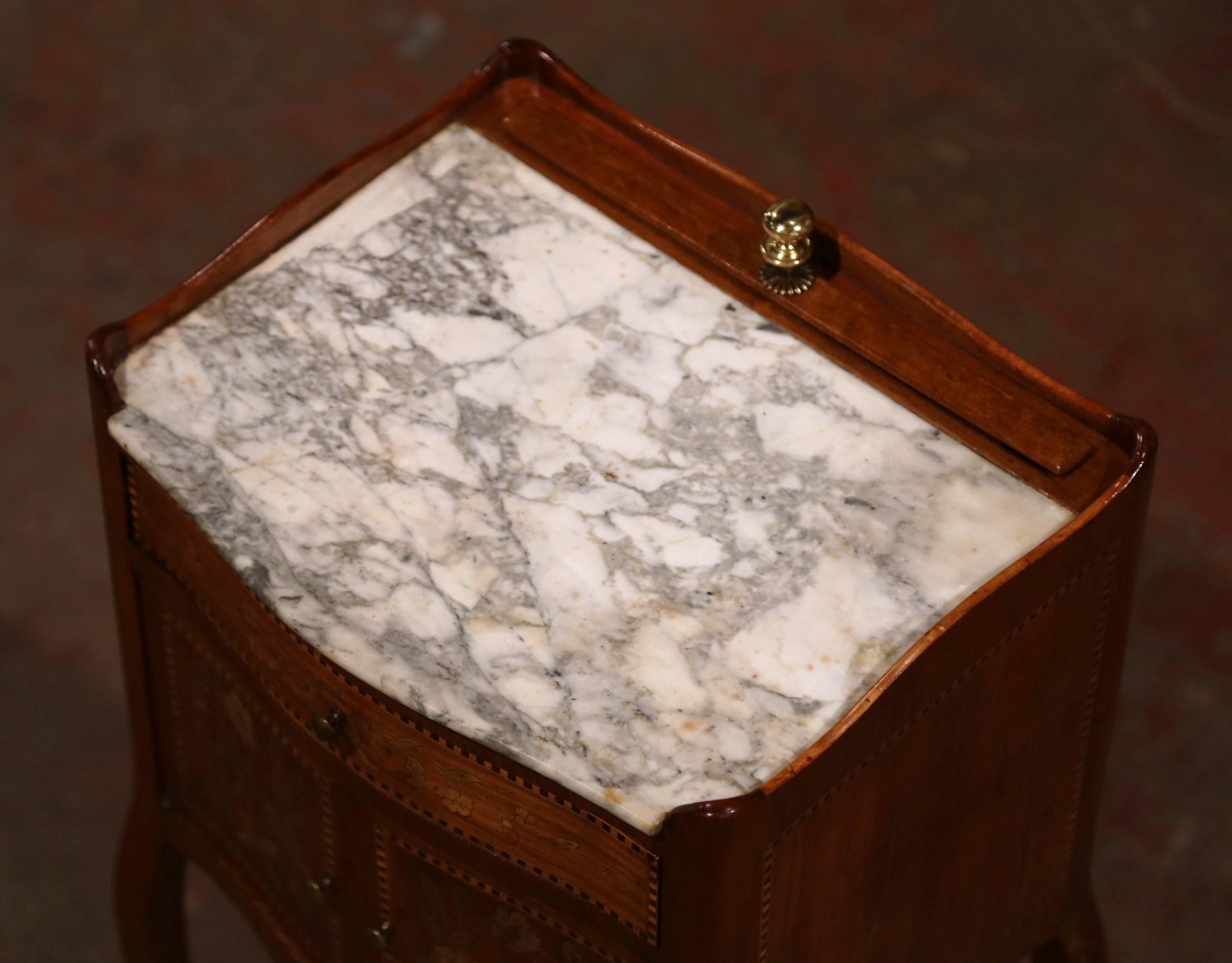 19th Century French Marquetry Walnut and Marble Nightstand with Pull up Mirror 2