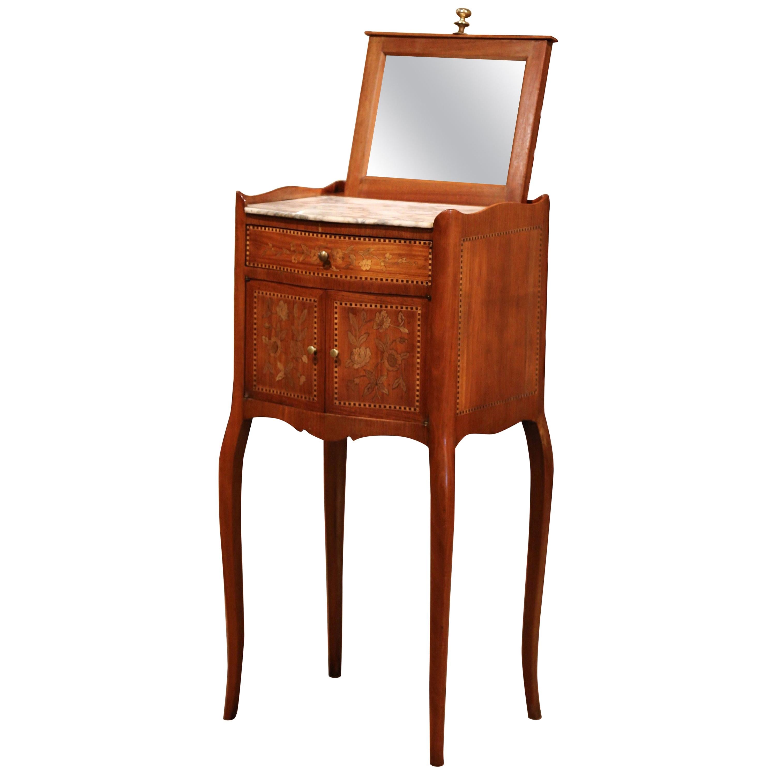 19th Century French Marquetry Walnut and Marble Nightstand with Pull up Mirror