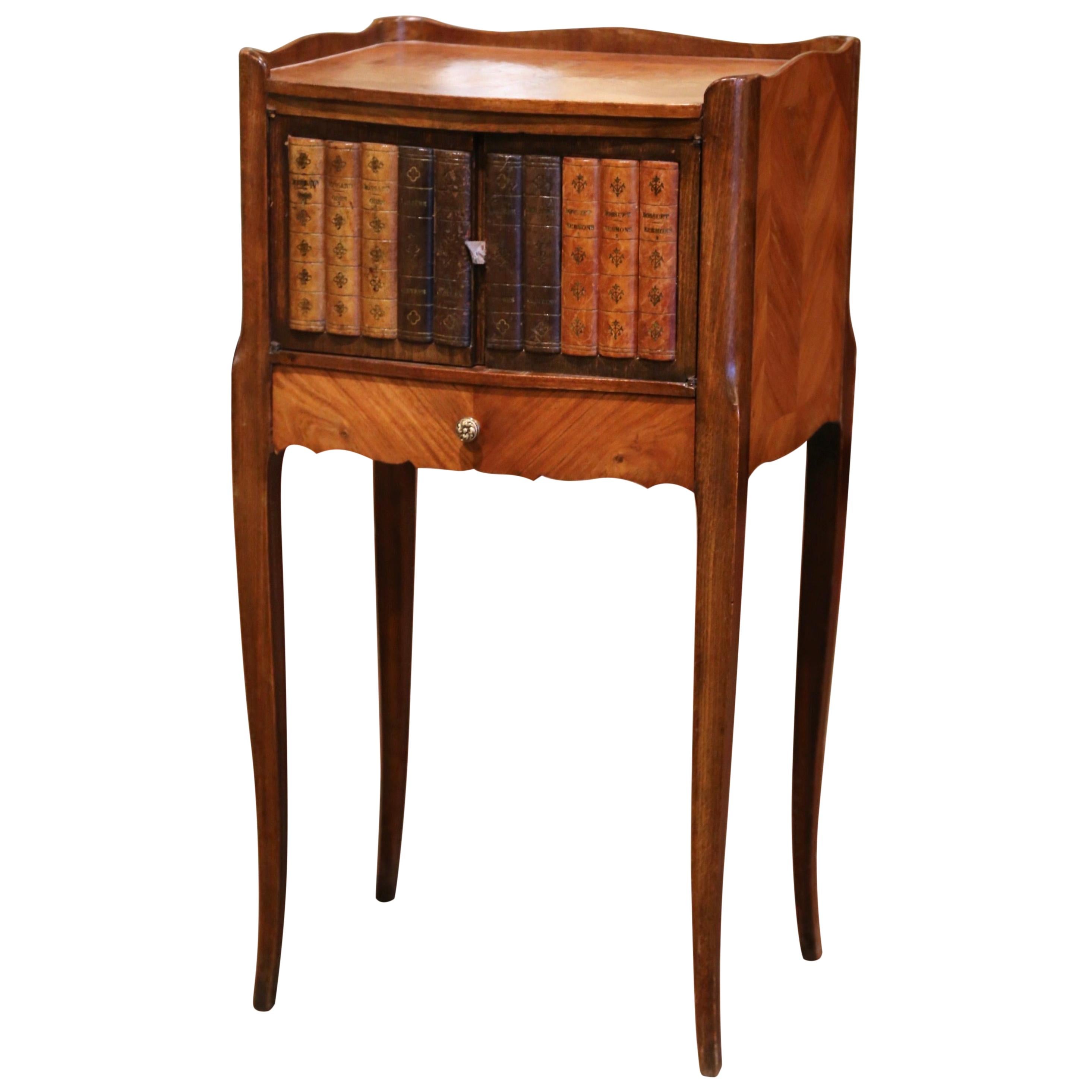 19th Century French Marquetry Walnut Nightstand with "Trompe L'Oeil" Book Door