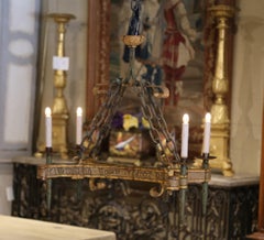 19th Century French Medieval Painted Iron Four-Light Chandelier with Old Script