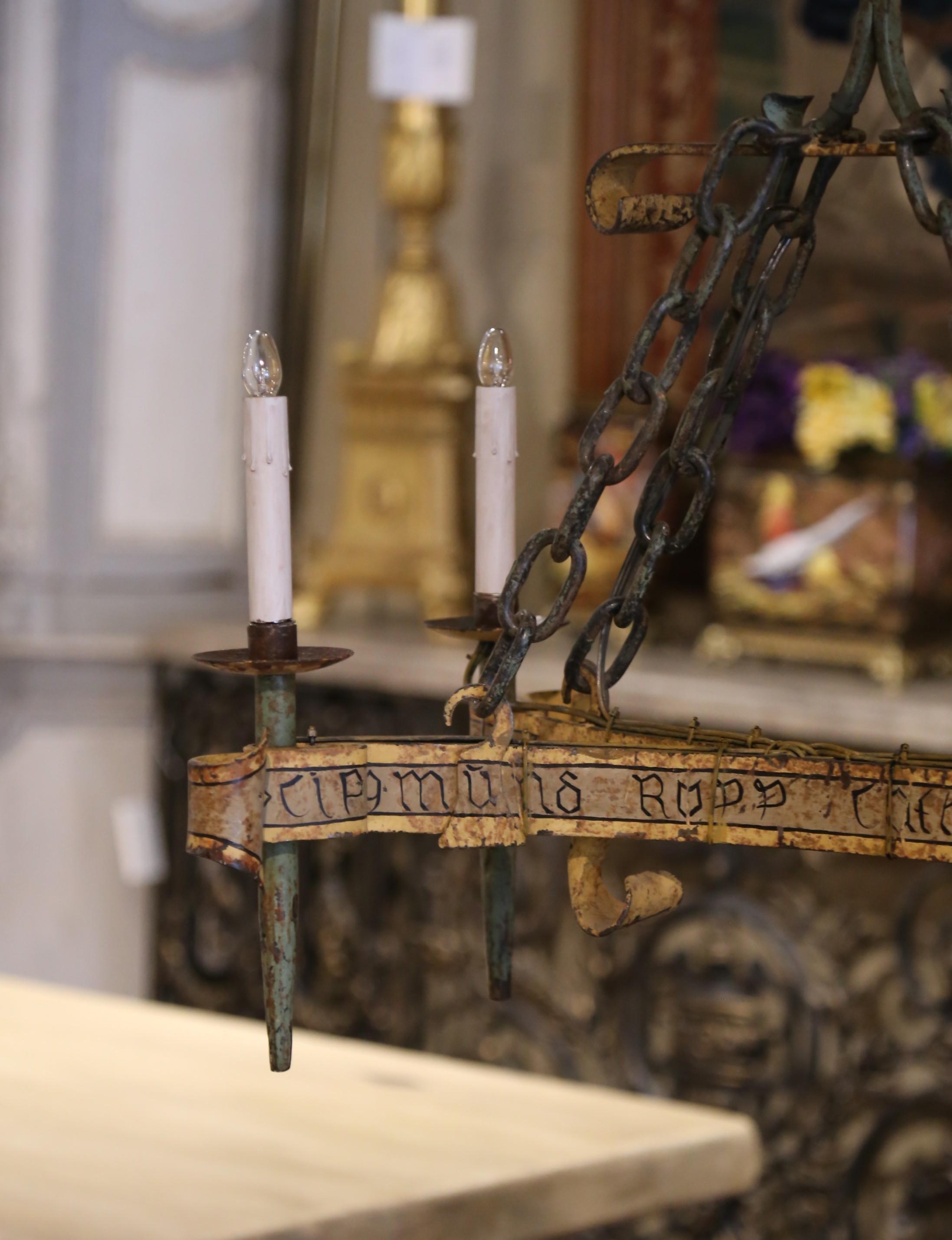 19th Century French Medieval Painted Iron Four-Light Chandelier with Old Script In Excellent Condition In Dallas, TX