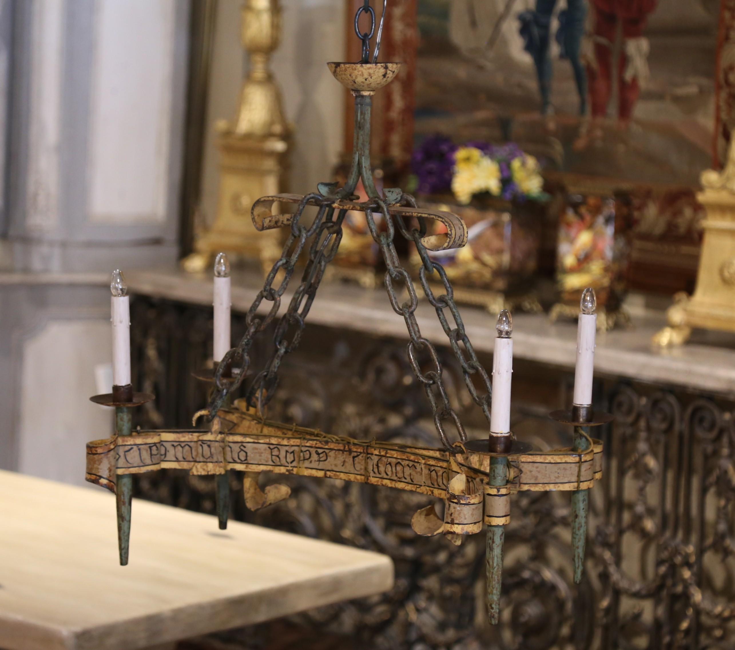 Wrought Iron 19th Century French Medieval Painted Iron Four-Light Chandelier with Old Script