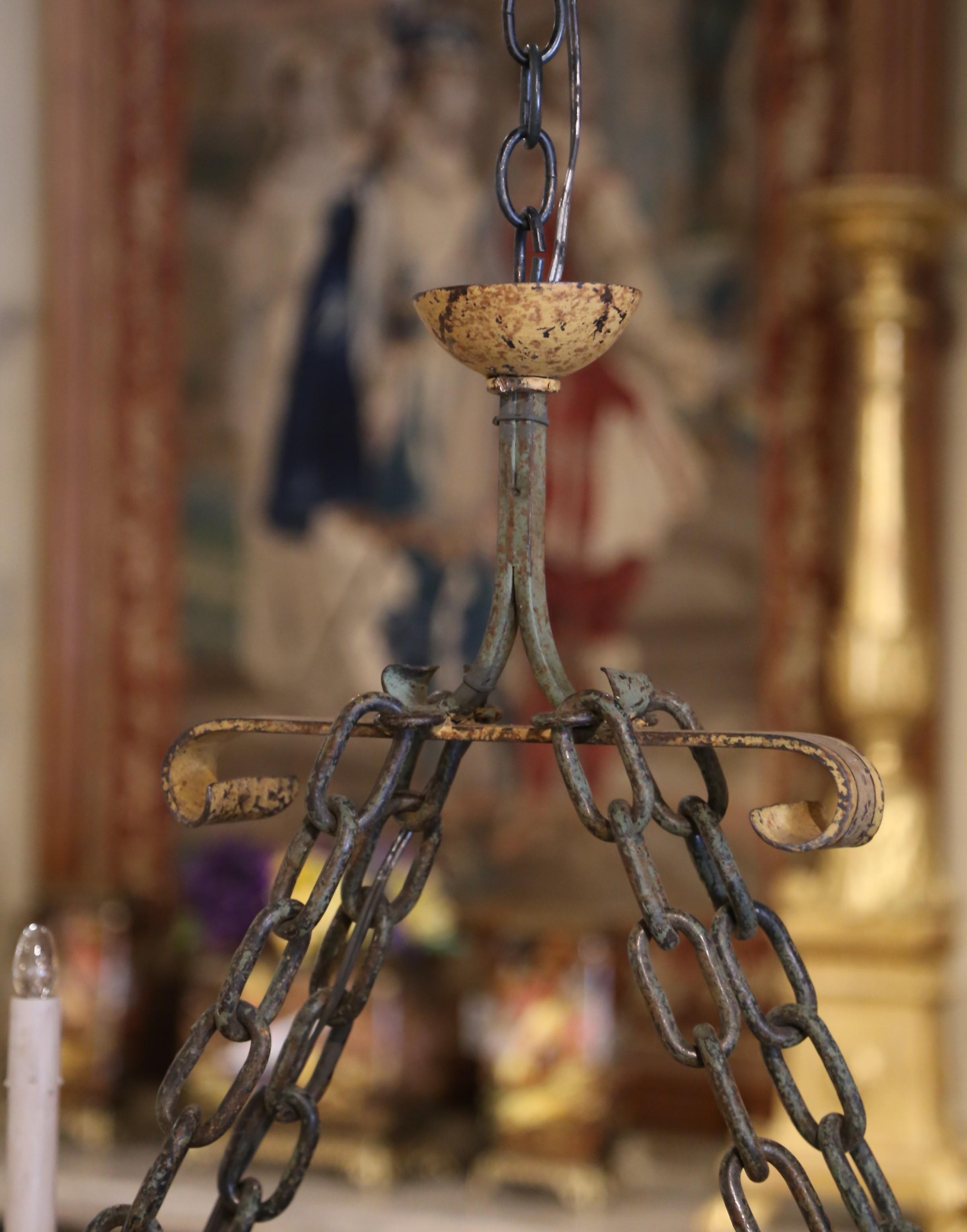 19th Century French Medieval Painted Iron Four-Light Chandelier with Old Script 1