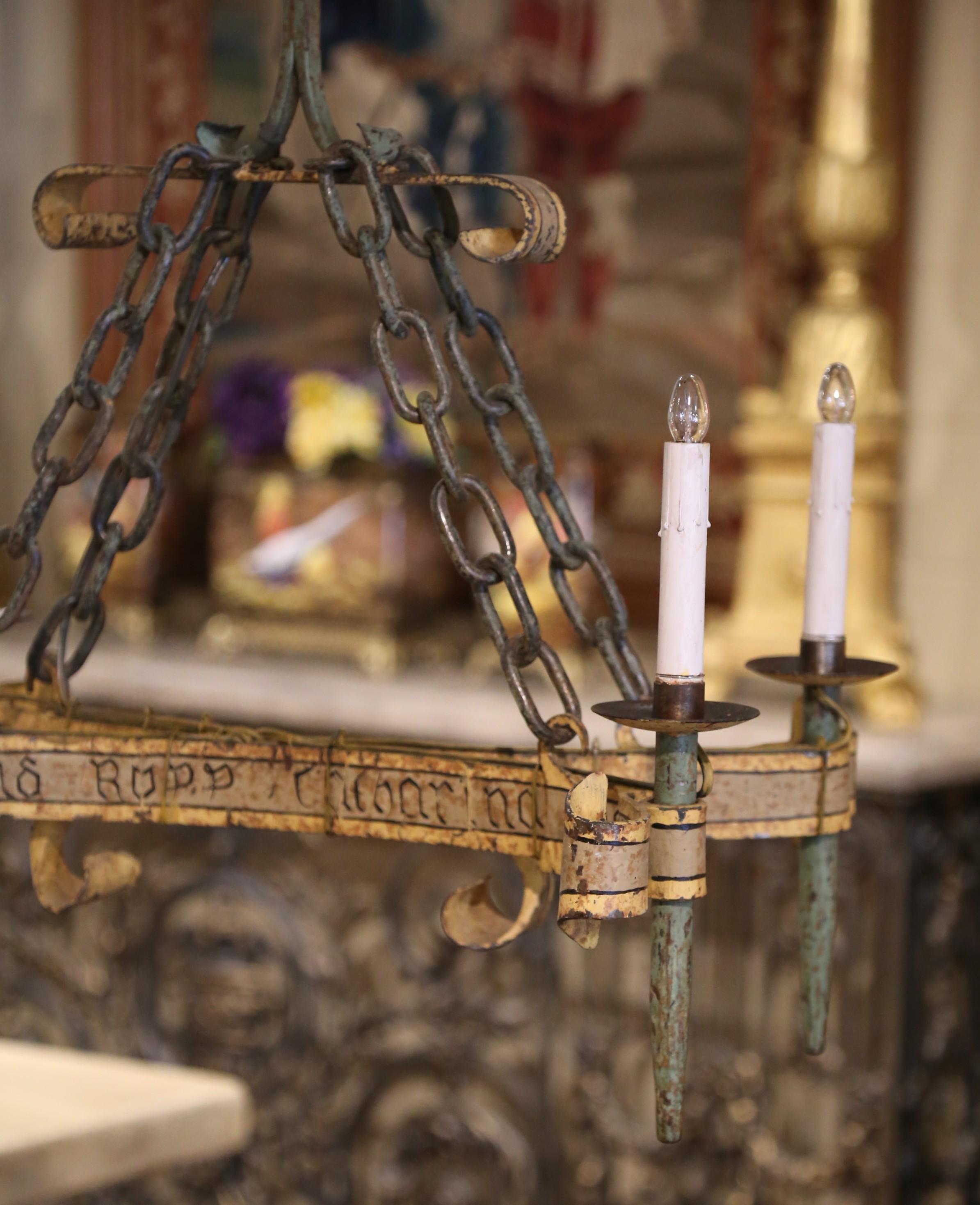 19th Century French Medieval Painted Iron Four-Light Chandelier with Old Script 2