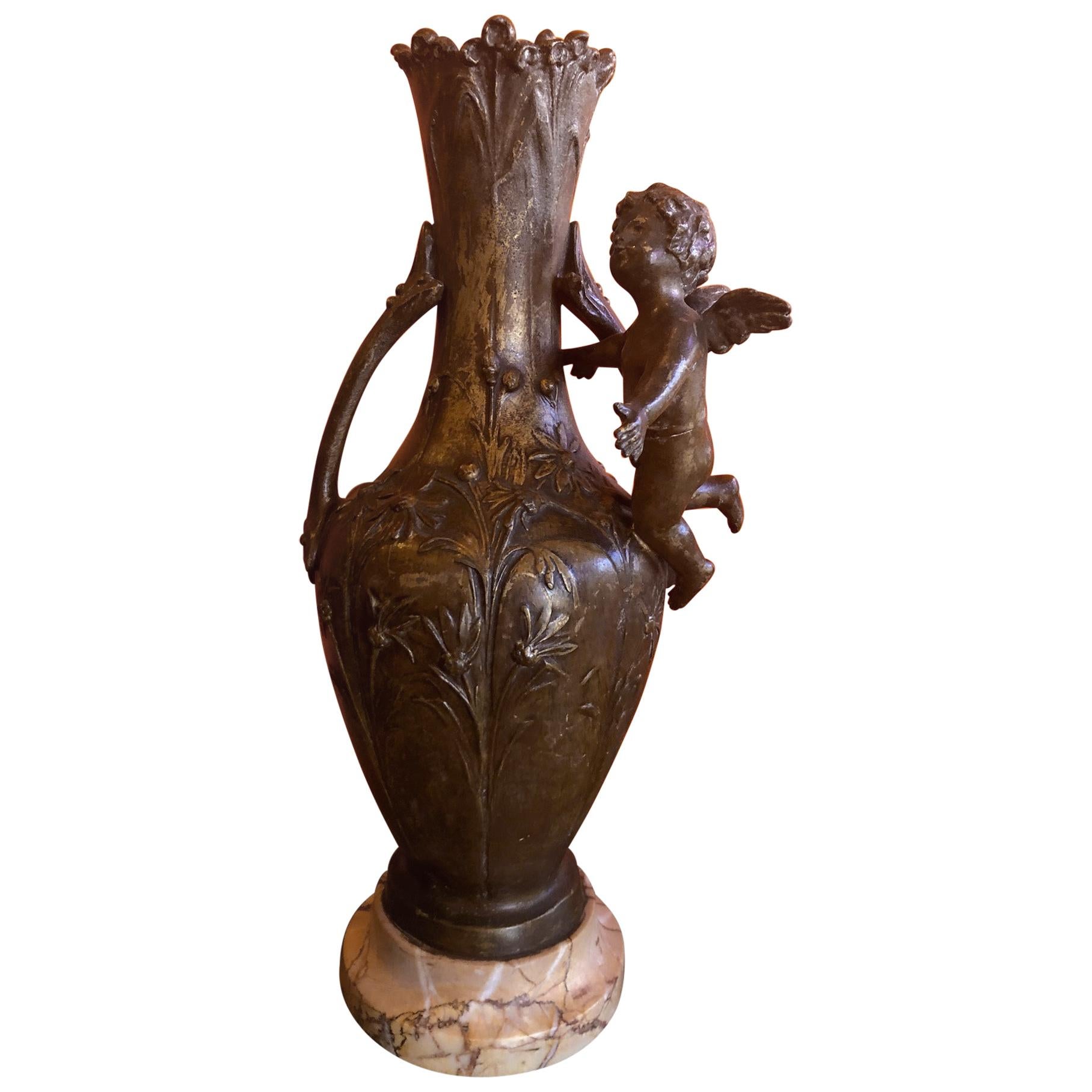 19th Century French Metal Cupid Vase For Sale