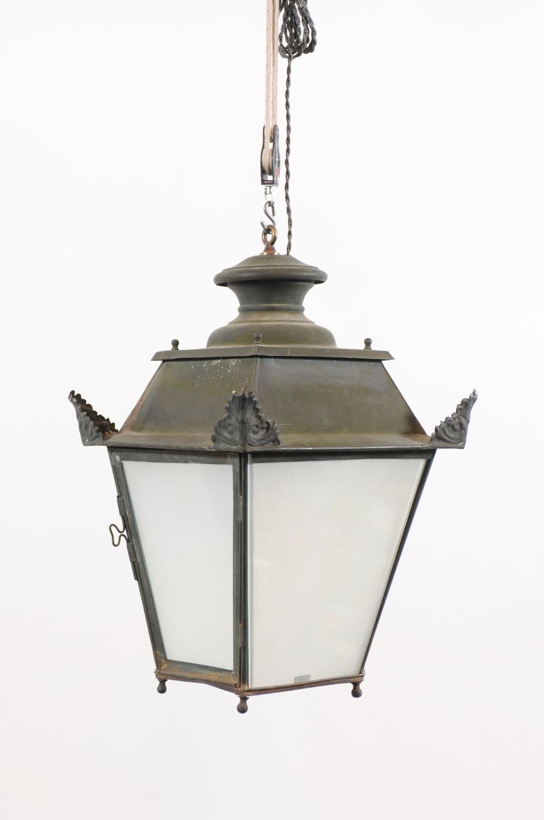 19th Century French Metal & Glass Lantern ca. 1850 In Fair Condition For Sale In Atlanta, GA