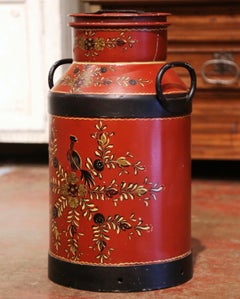 19th Century French Metal Milk Can with Hand Painted Foliage and Bird Motifs