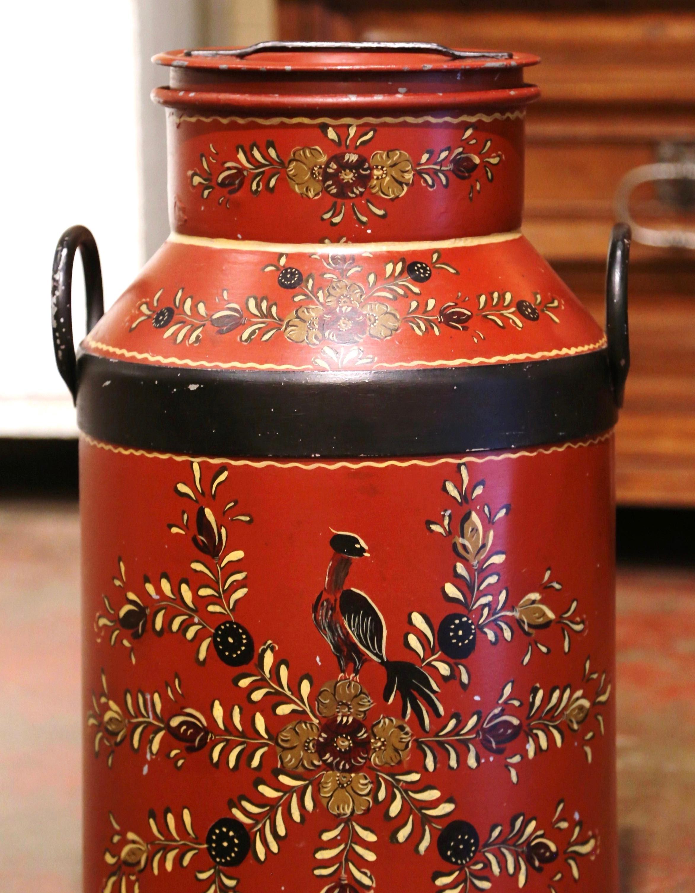 Country 19th Century French Metal Milk Can with Hand Painted Foliage and Bird Motifs