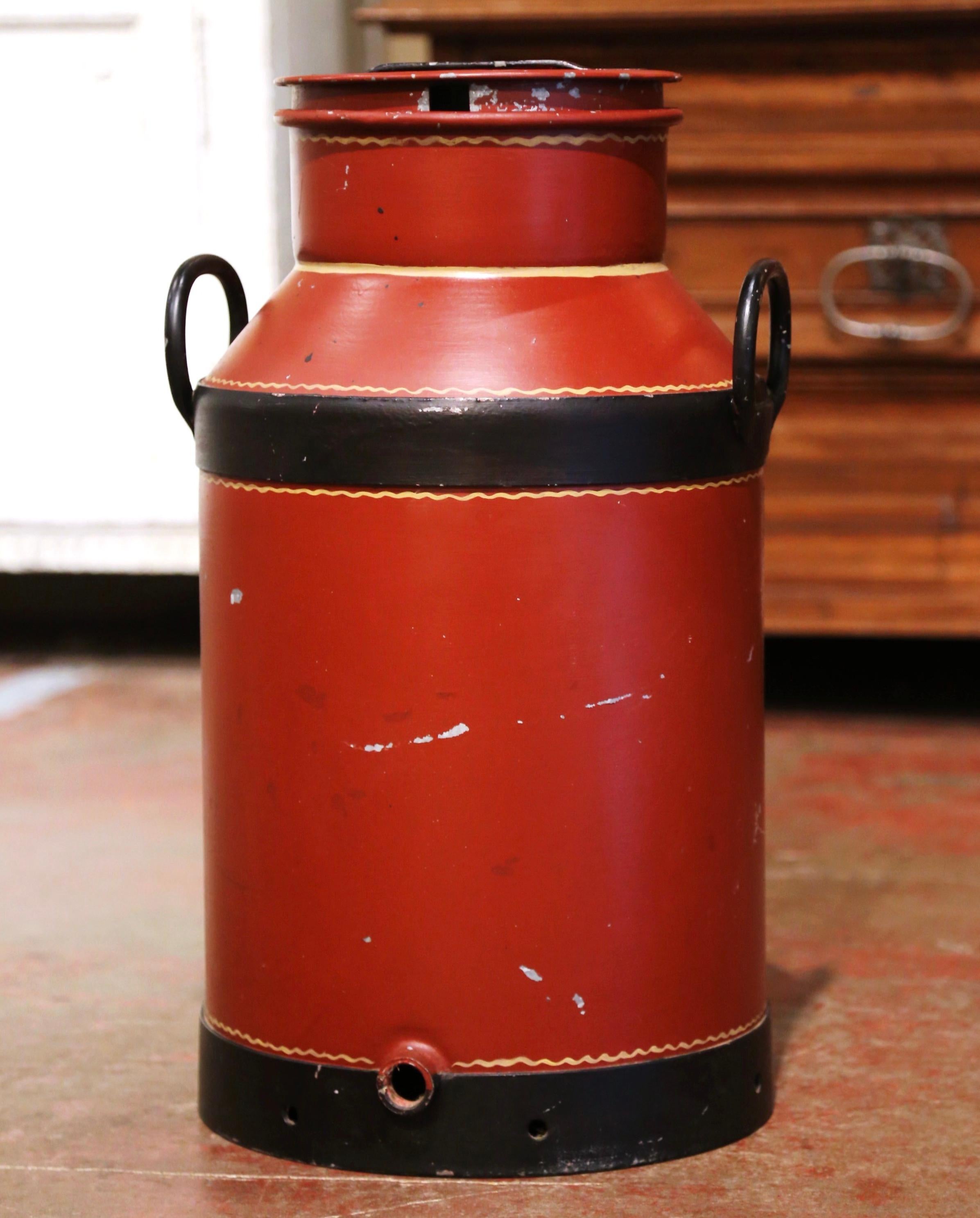 Hand-Painted 19th Century French Metal Milk Can with Hand Painted Foliage and Bird Motifs