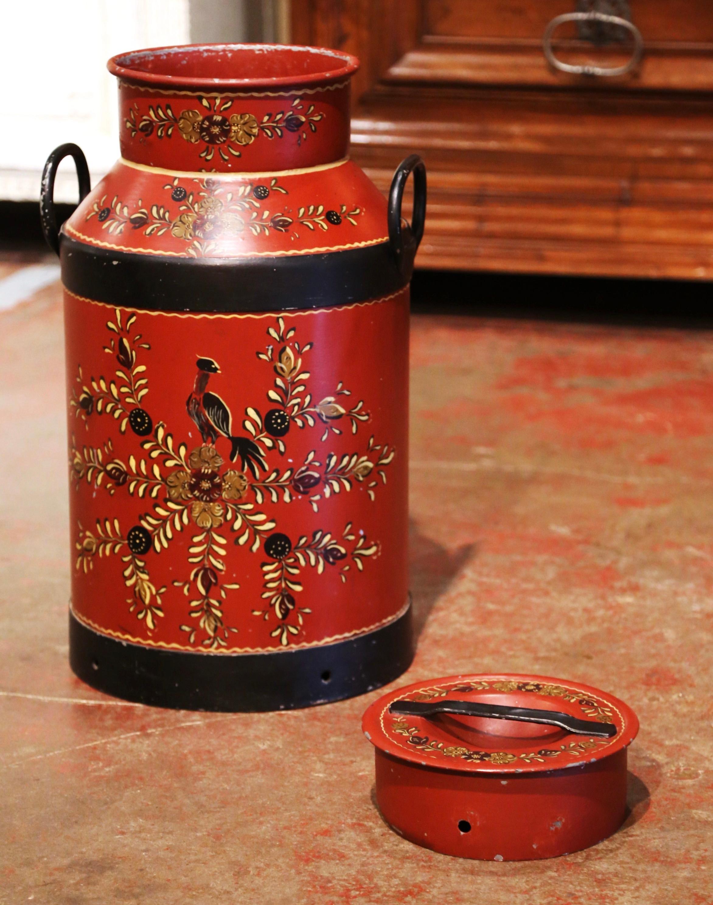 19th Century French Metal Milk Can with Hand Painted Foliage and Bird Motifs In Excellent Condition In Dallas, TX