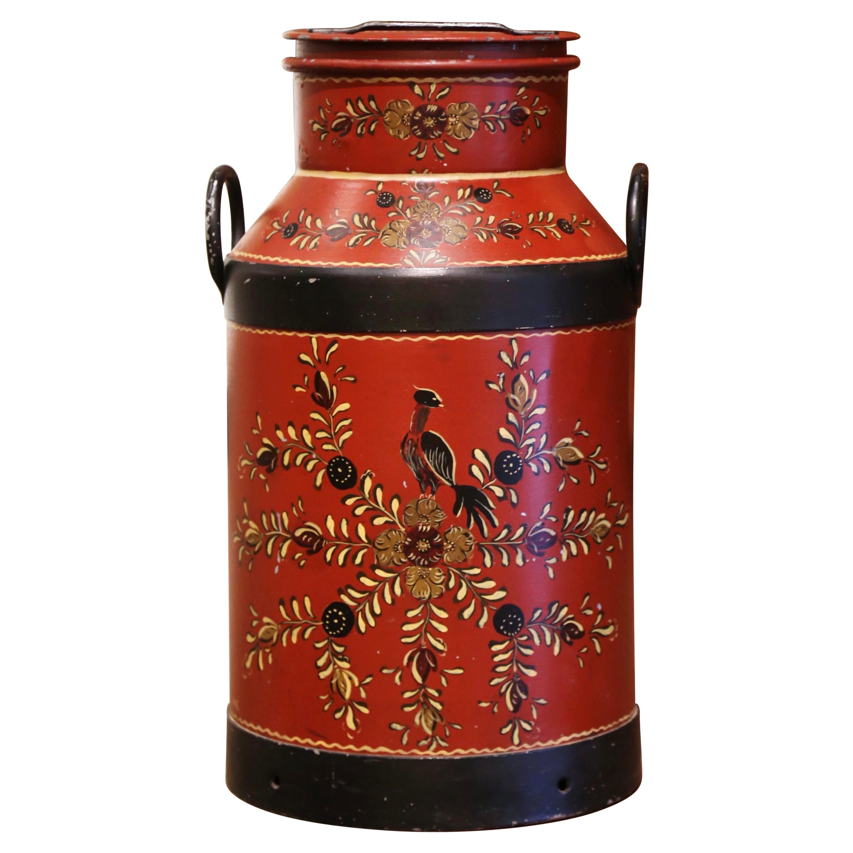 19th Century French Metal Milk Can with Hand Painted Foliage and Bird Motifs