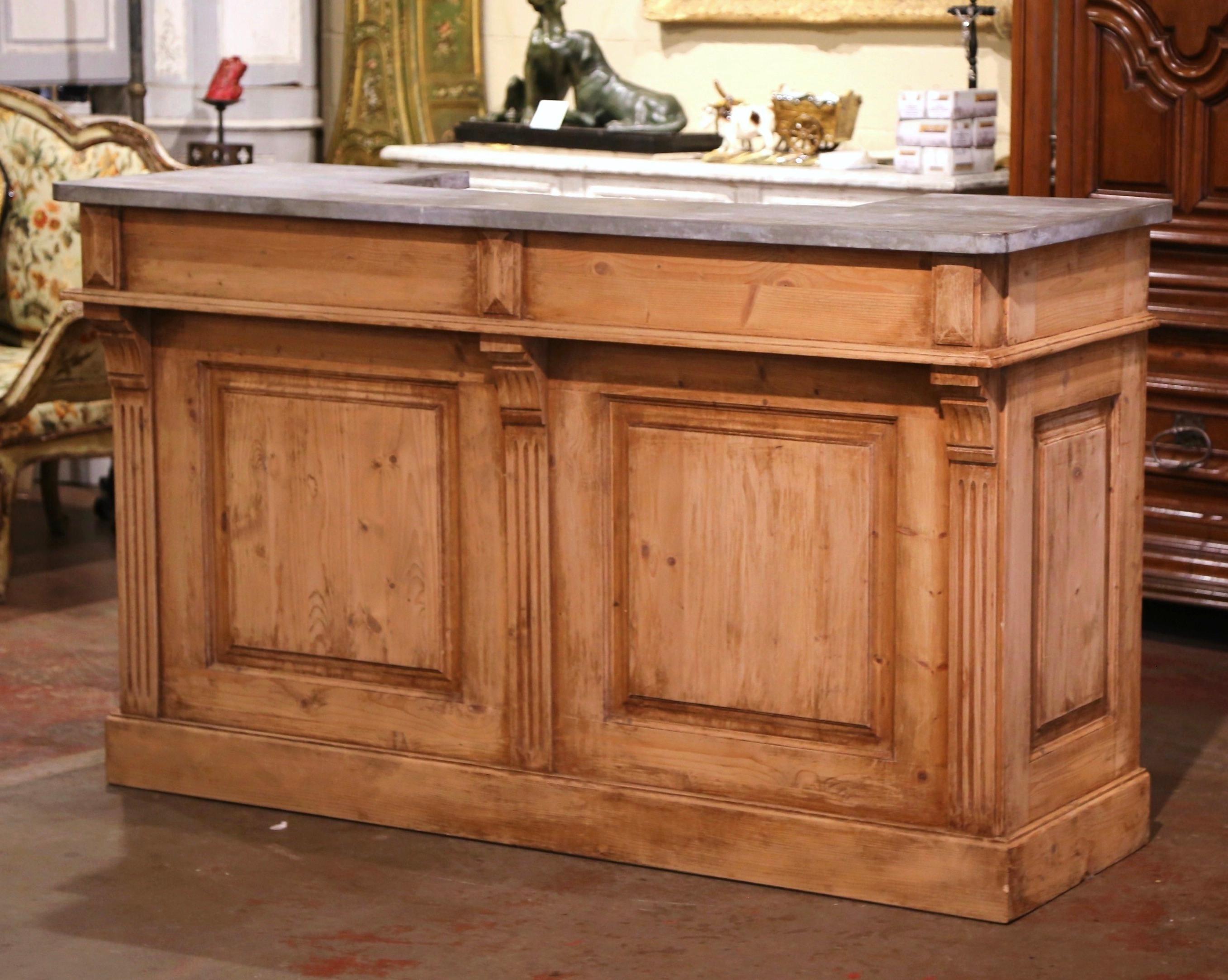 19th Century French Metal Top Carved Pine Bar Cabinet from Normandy In Excellent Condition In Dallas, TX