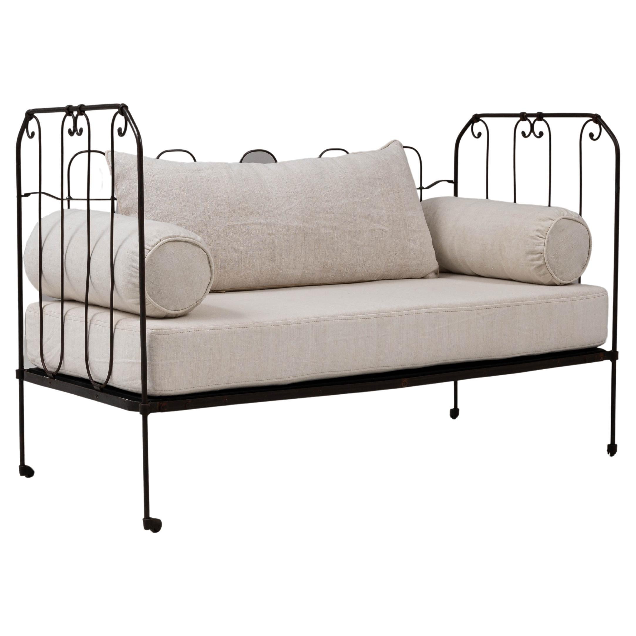 19th Century French Metal & Upholstered Daybed On Wheels For Sale