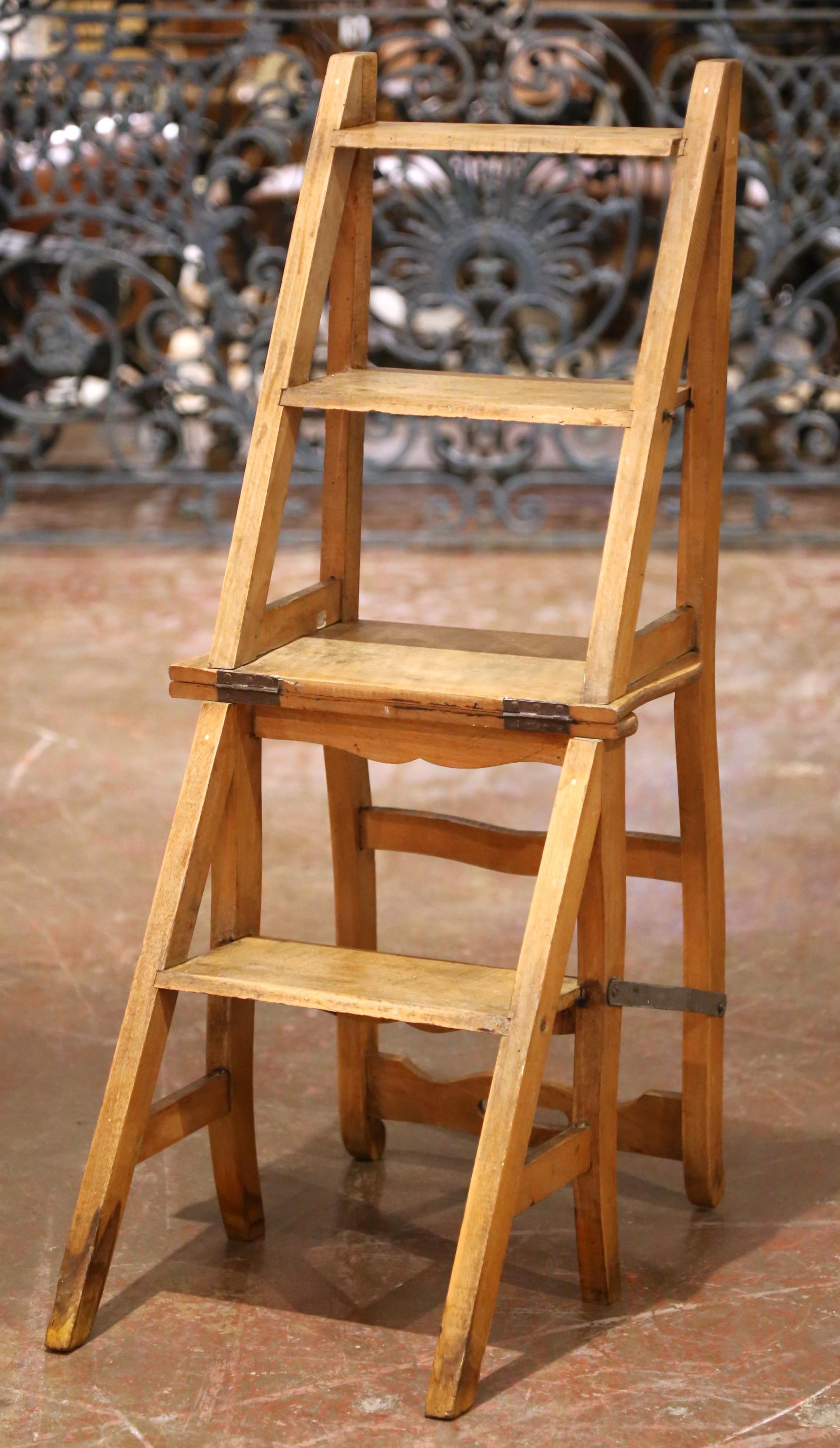 Country 19th Century French Metamorphic Beech Ladder Chair with Four Steps For Sale