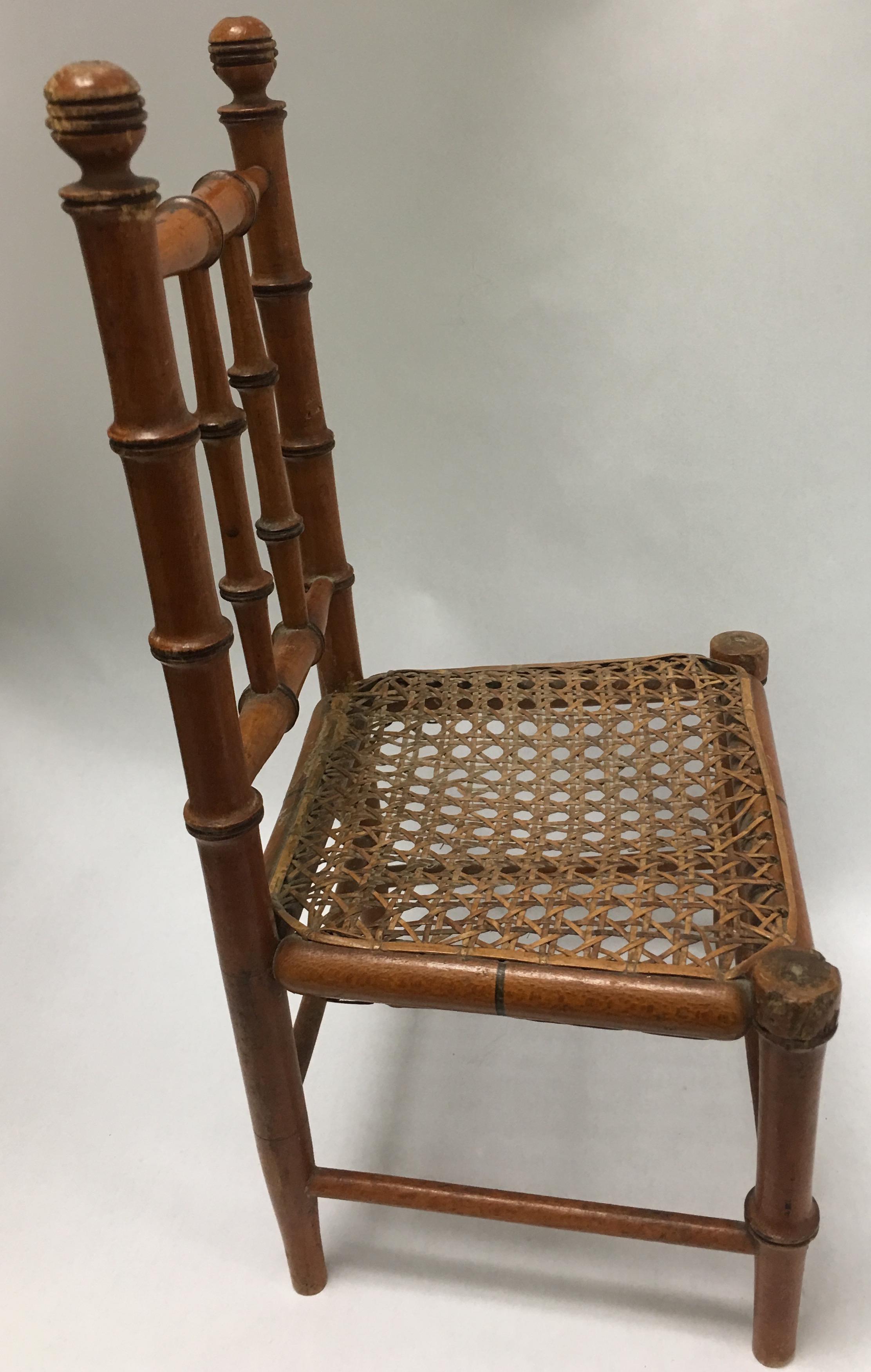 Rustic 19th Century French Miniature Fruitwood Faux Bamboo and Cane Doll Chair