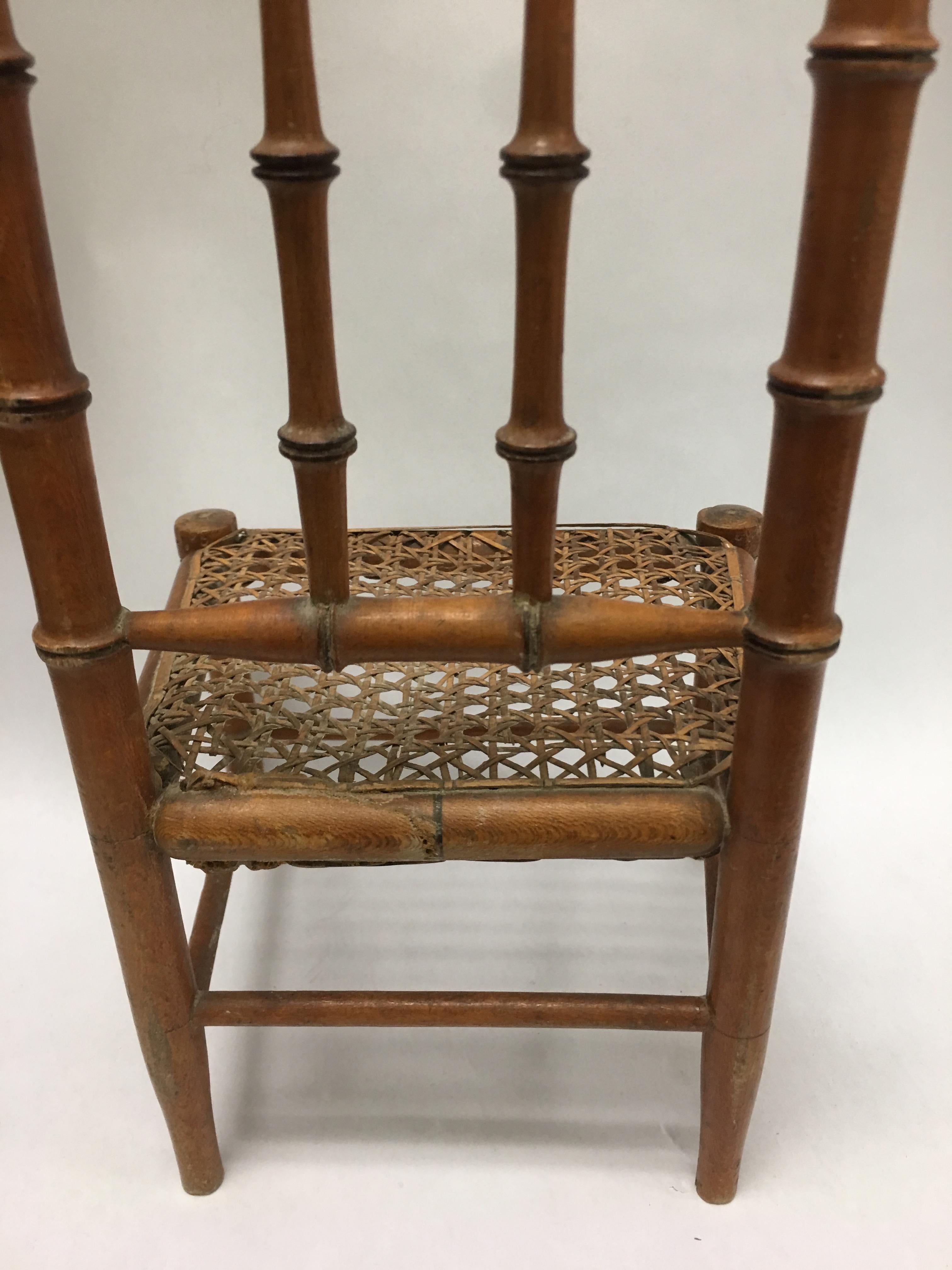 19th Century French Miniature Fruitwood Faux Bamboo and Cane Doll Chair In Good Condition In Stamford, CT