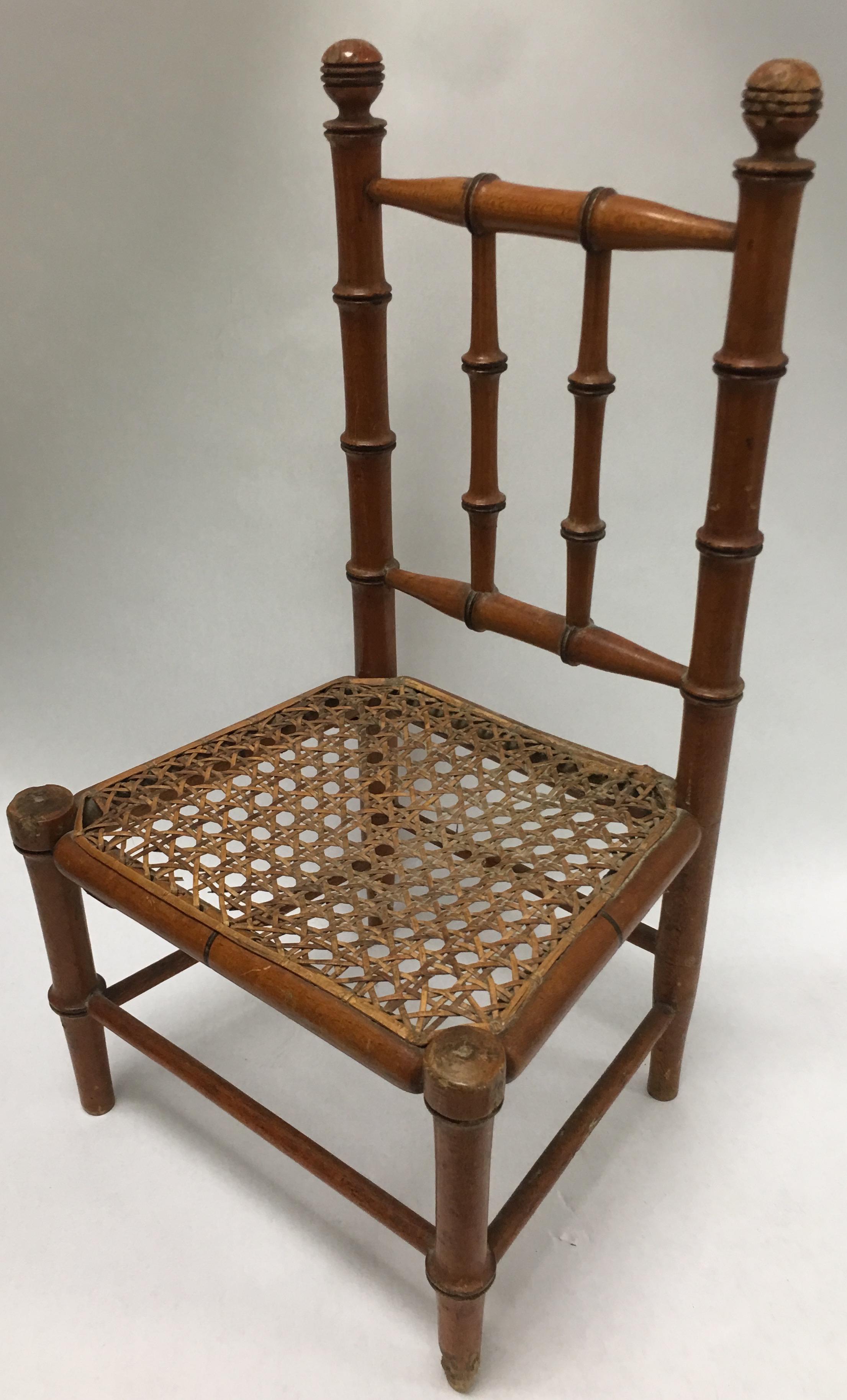 19th Century French Miniature Fruitwood Faux Bamboo and Cane Doll Chair 2