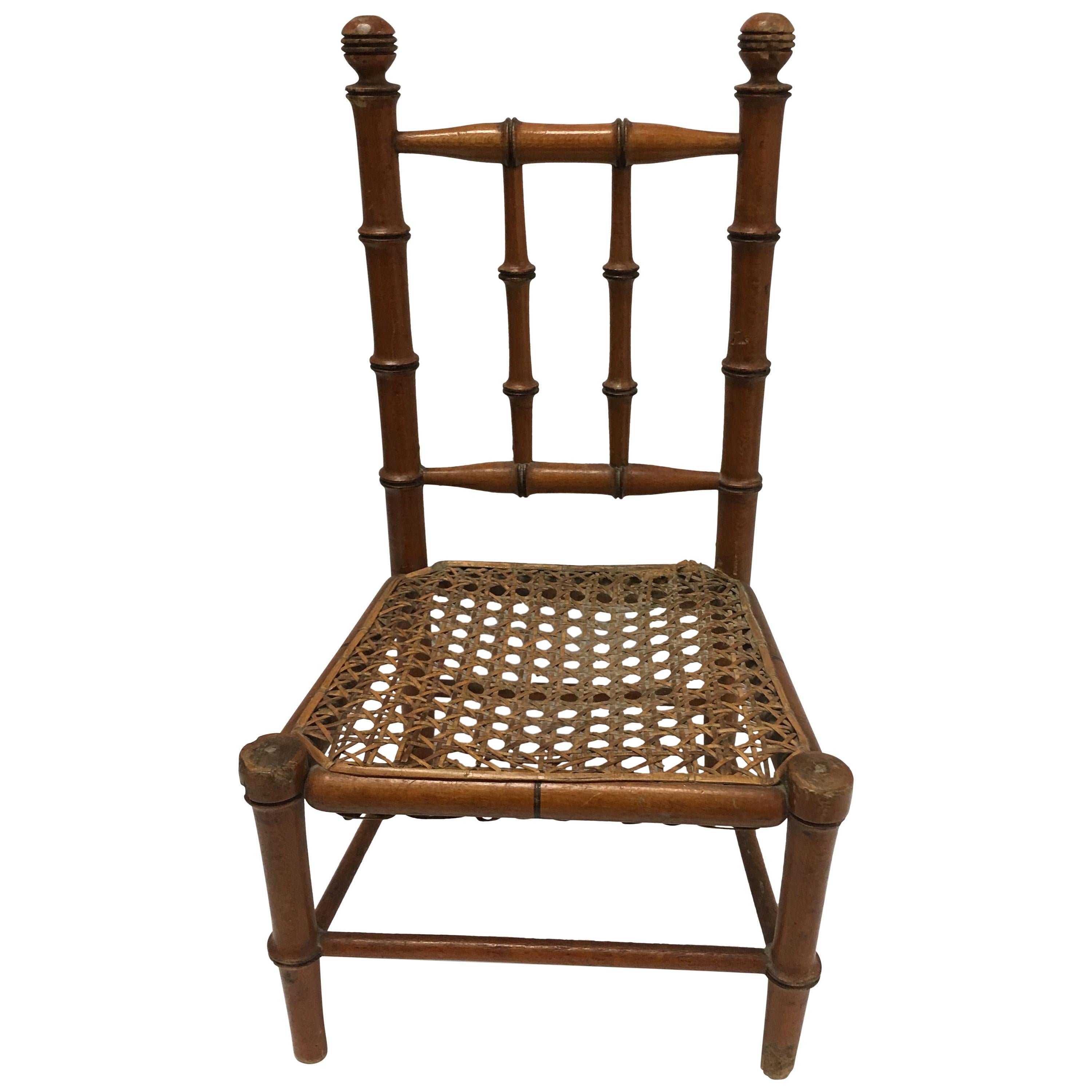 19th Century French Miniature Fruitwood Faux Bamboo and Cane Doll Chair