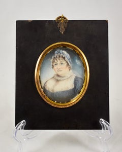 19th Century French Framed Miniature Portrait, Buxom Woman in Blue Bonnet