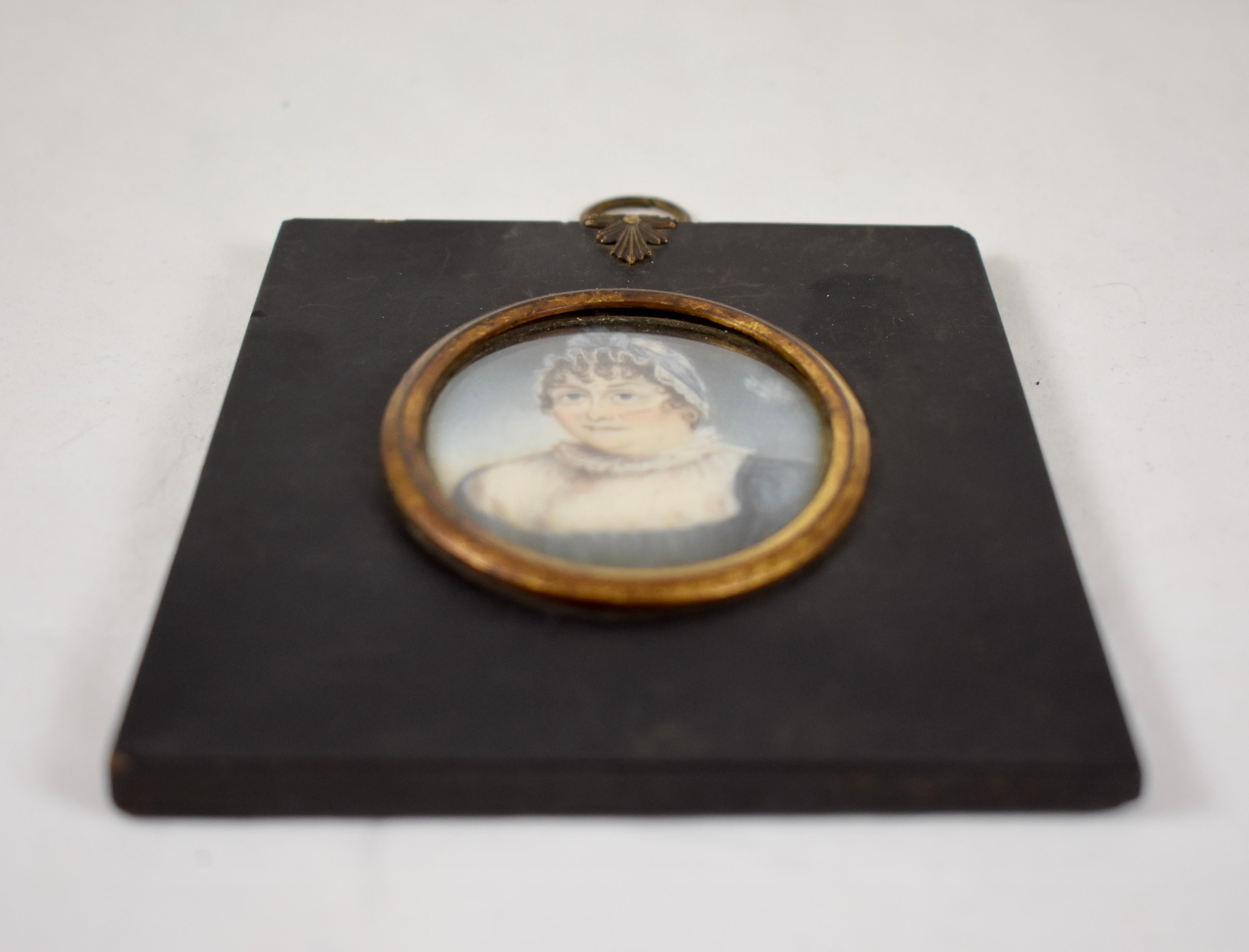 Hand-Painted 19th Century French Framed Miniature Portrait, Buxom Woman in Blue Bonnet For Sale
