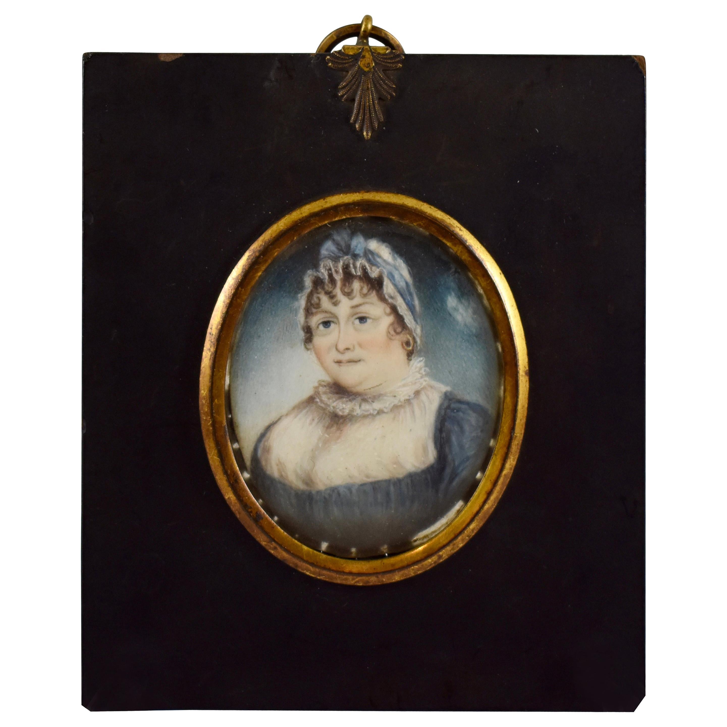 19th Century French Framed Miniature Portrait, Buxom Woman in Blue Bonnet For Sale