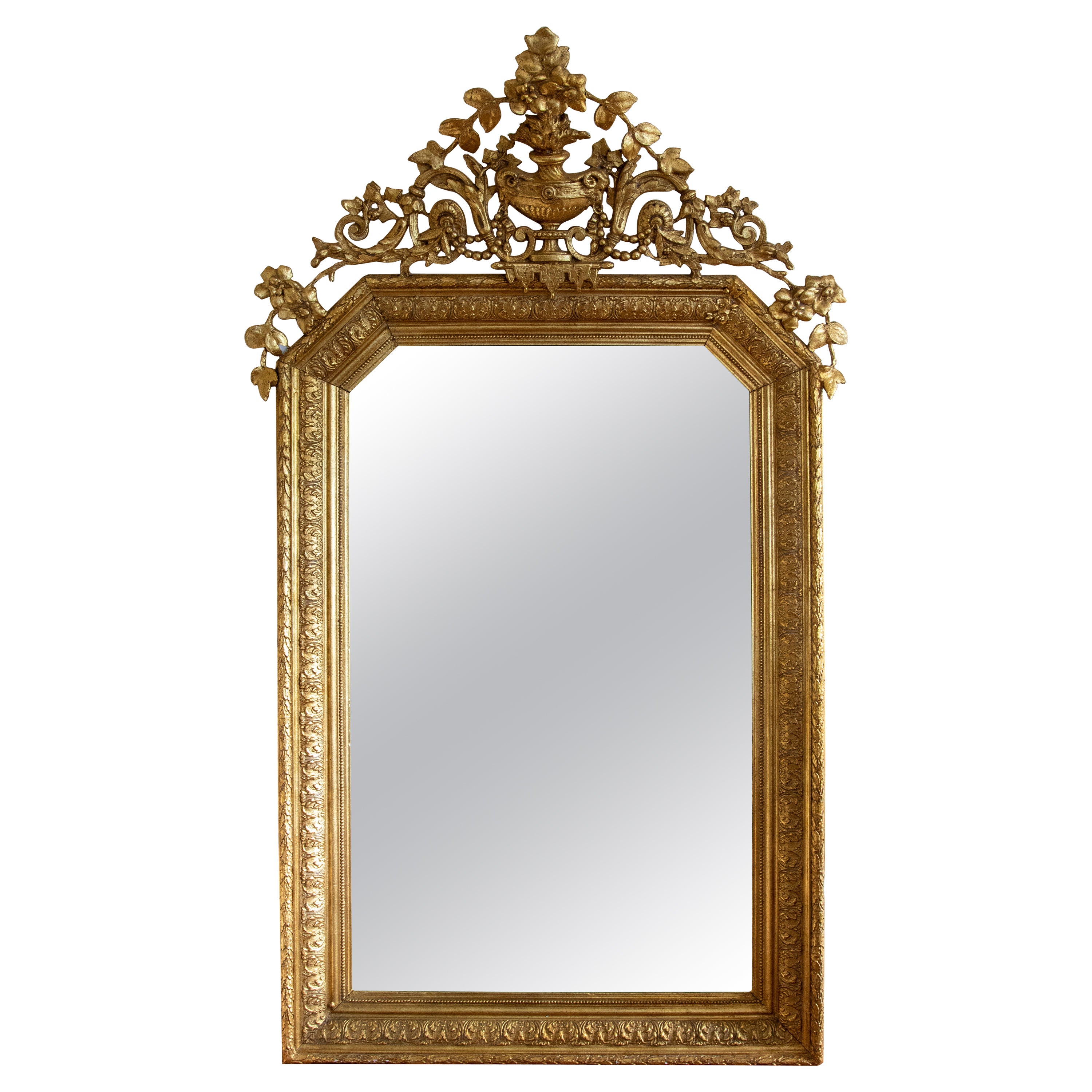 19th Century French Mirror with Gilt Top with Flower Decoration