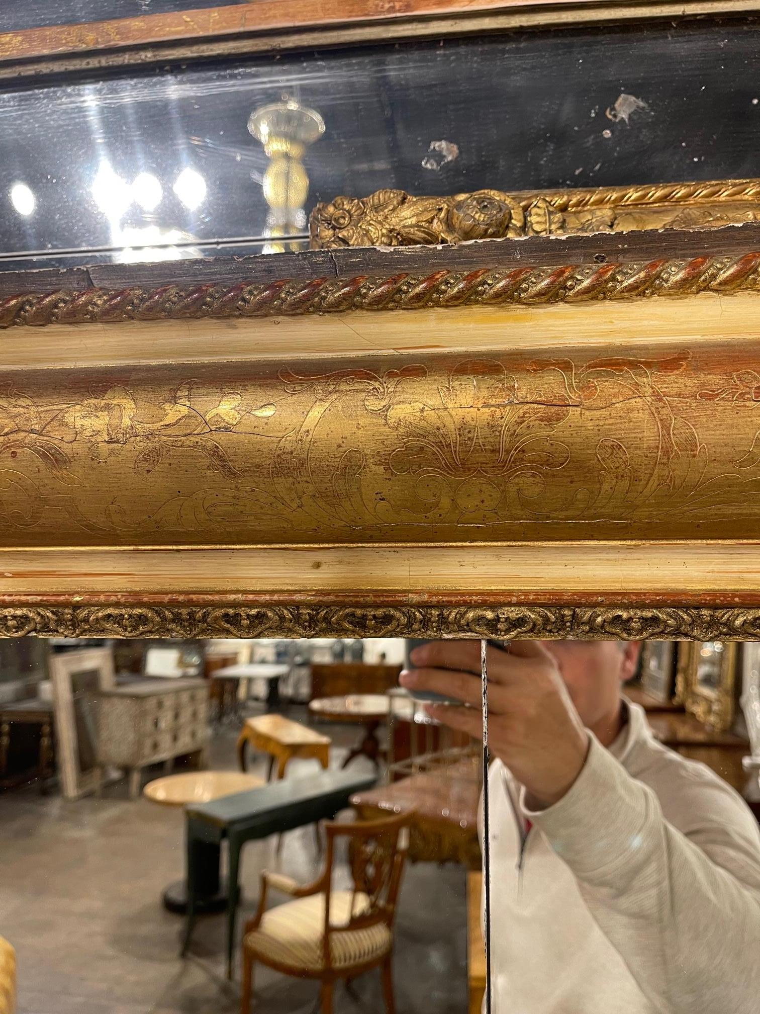 Espejo francés del siglo XIX con cristal de mercurio dividido original en Bueno Estado en Dallas, TX