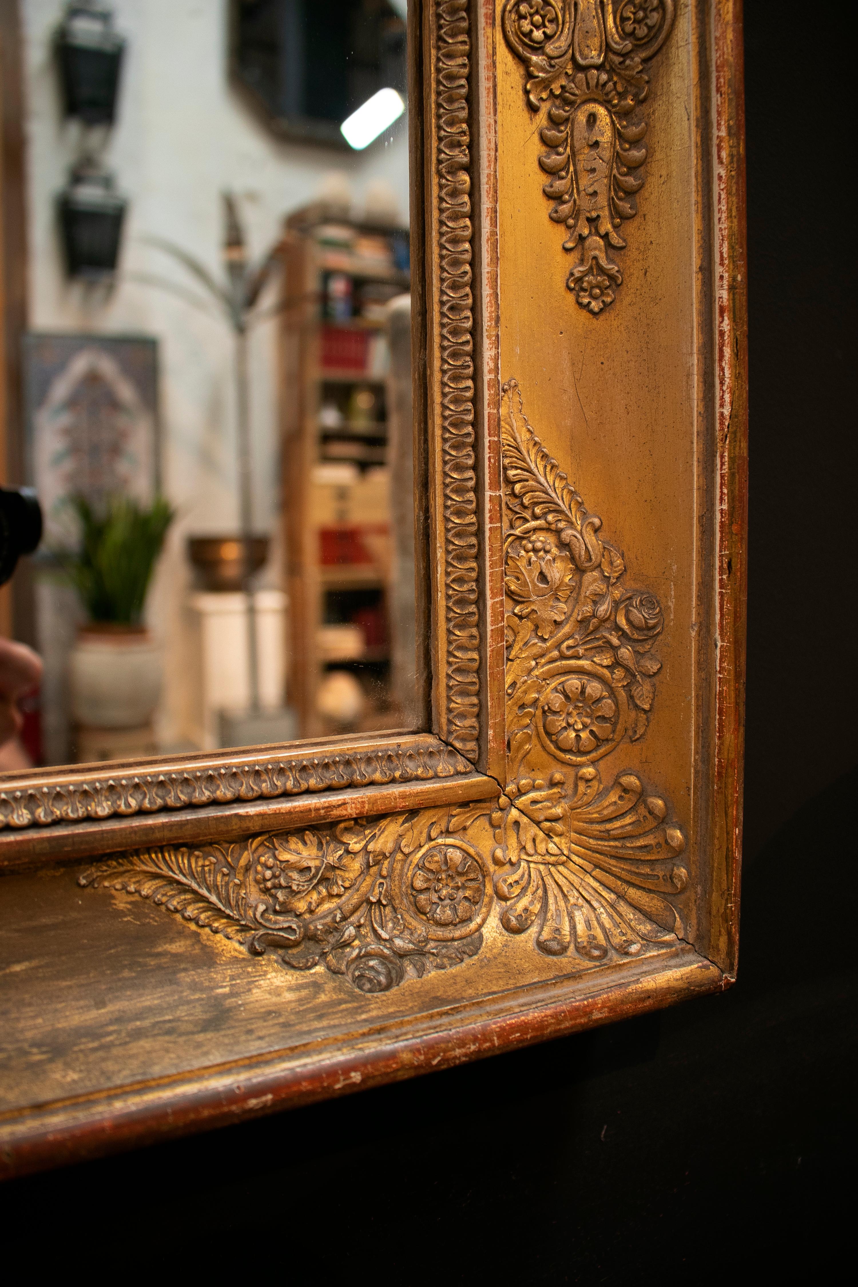 19th Century French Mirror with Wooden Flower Decorated Golden Frame 3