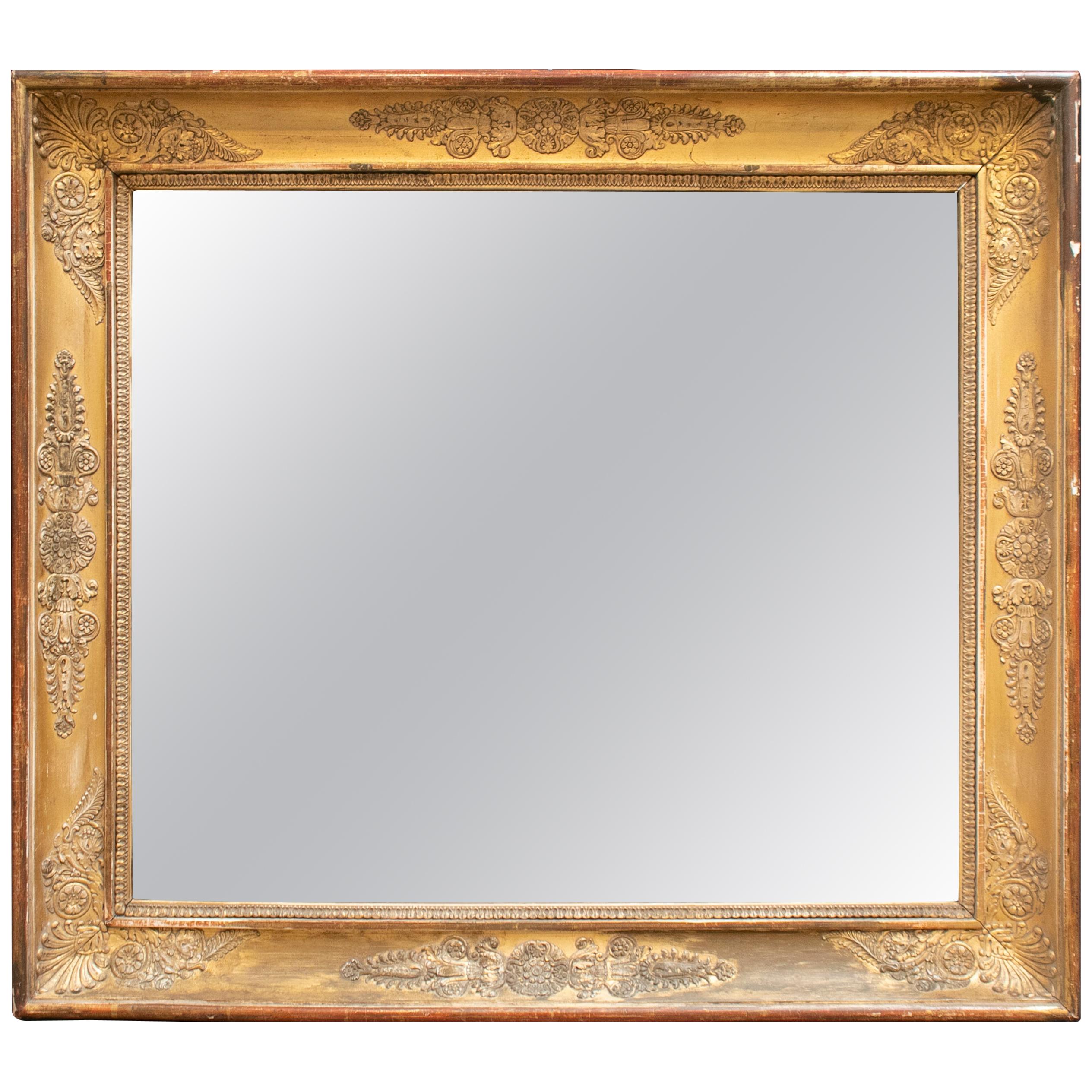 19th Century French Mirror with Wooden Flower Decorated Golden Frame