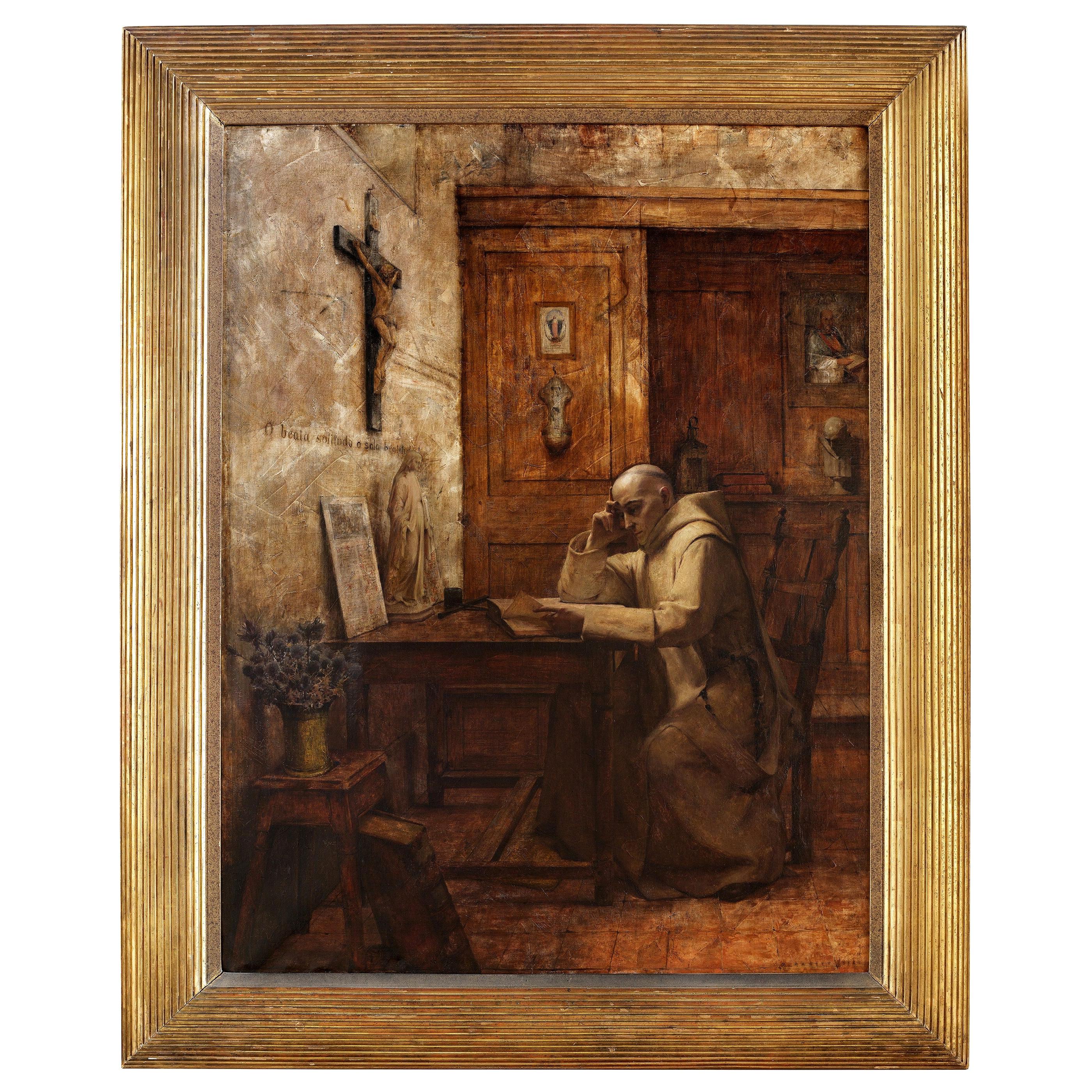 19th Century French Monk Oil Painting in Gilt Frame Signed J. Bastet, 1894
