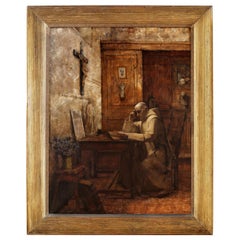 Used 19th Century French Monk Oil Painting in Gilt Frame Signed J. Bastet, 1894