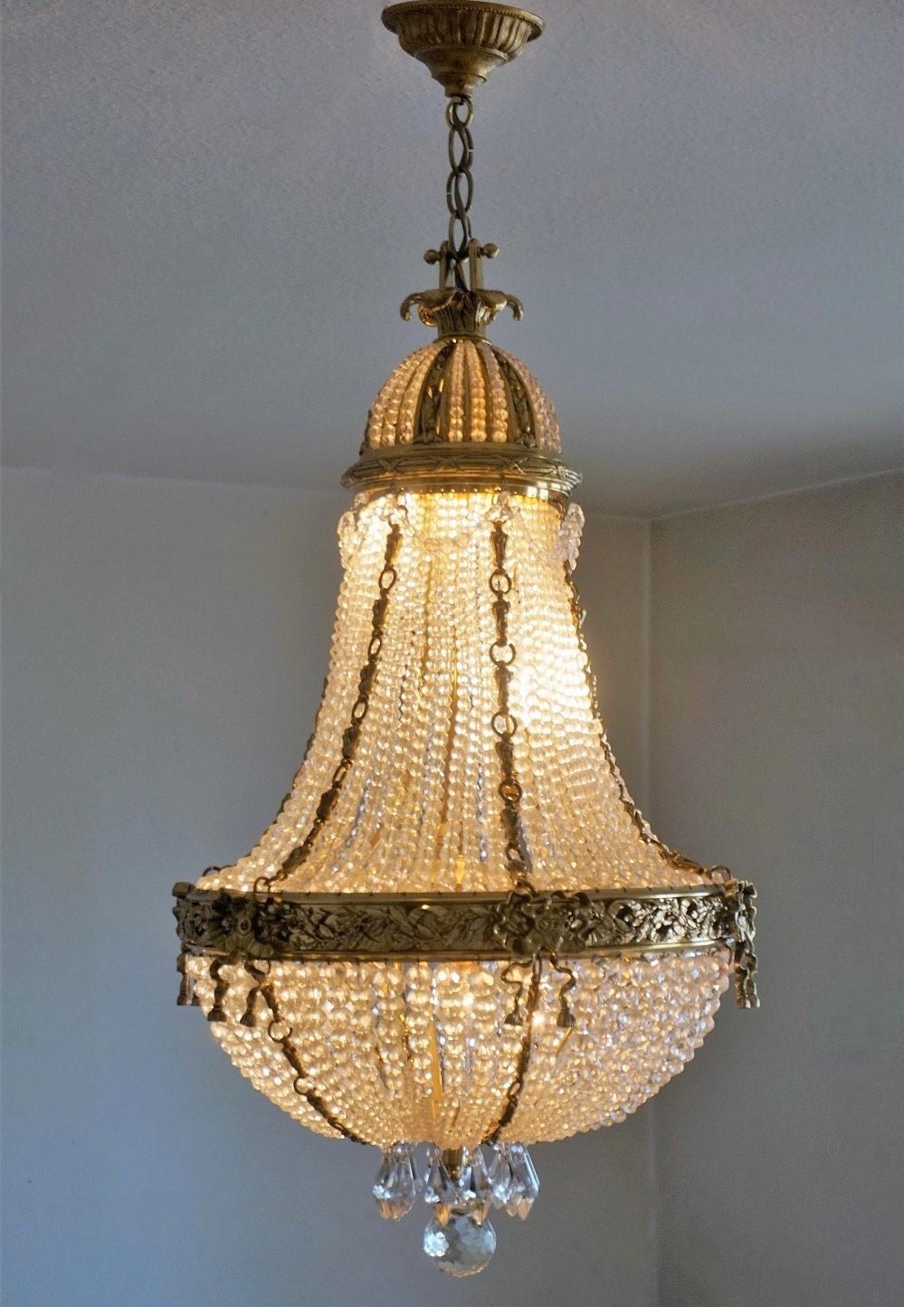 19th Century French Empire Gilt Bronze Beaded Crystal Chandelier 6