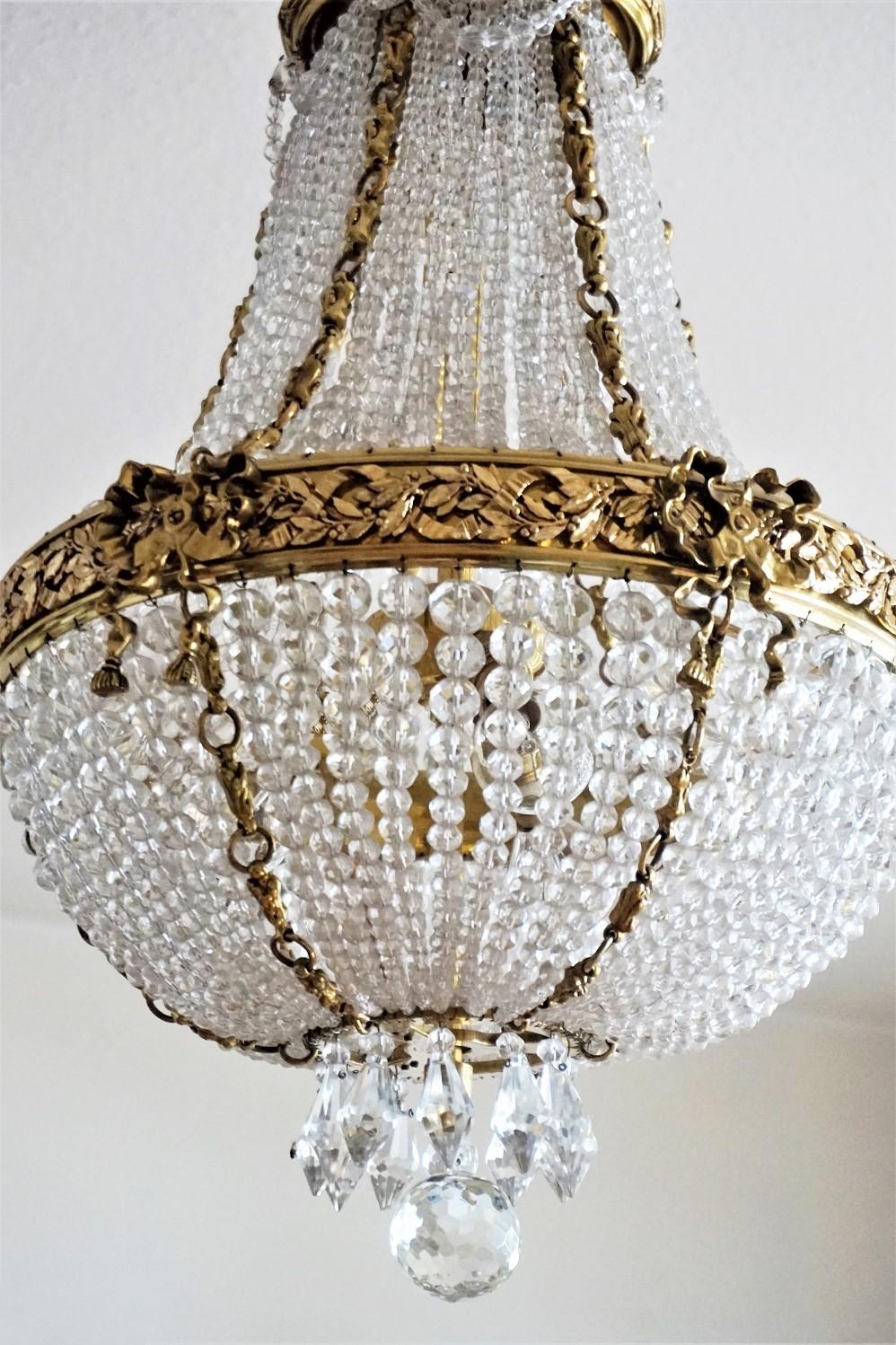 19th Century French Empire Gilt Bronze Beaded Crystal Chandelier 1