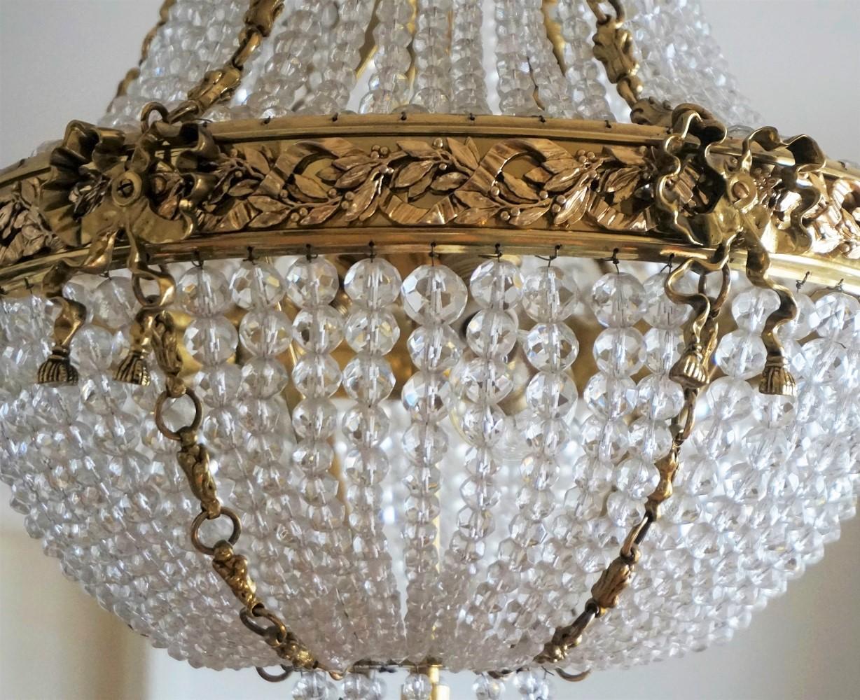 19th Century French Empire Gilt Bronze Beaded Crystal Chandelier 2
