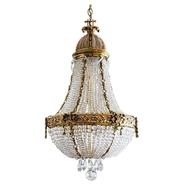 19th Century French Montgolfier Empire, Bronze Chandelier With Crystal Beads