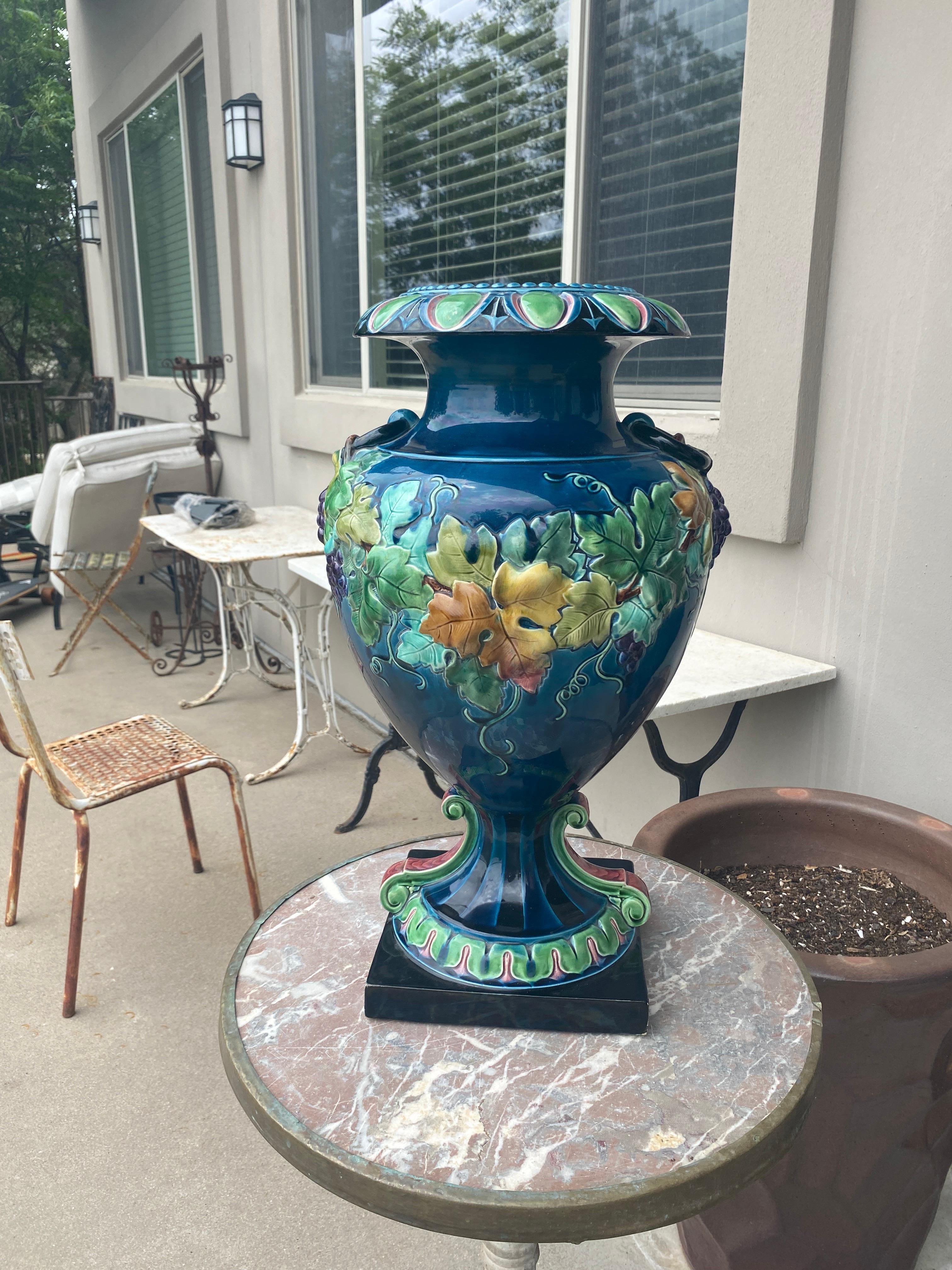19th Century French Monumental Renaissance Style Majolica Grapes Blue Vase For Sale 5