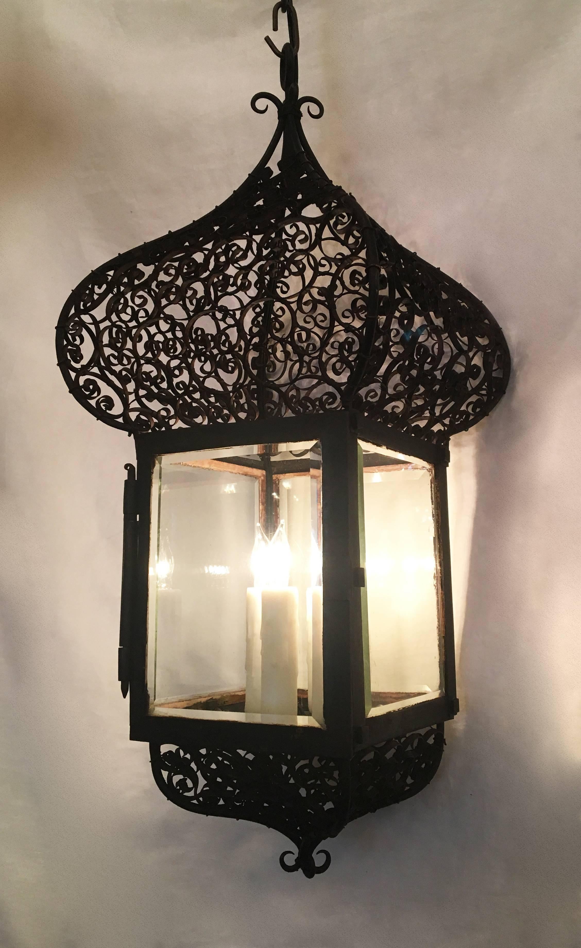 Moorish 19th Century French Moroccan Iron Lantern For Sale