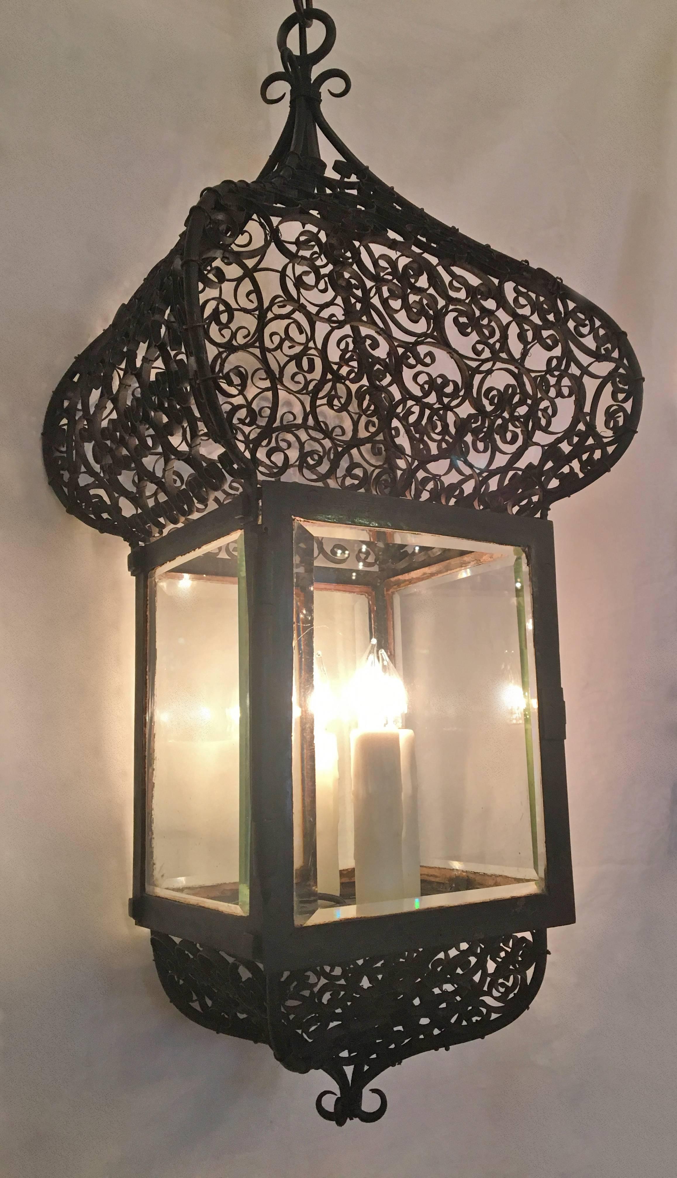 19th Century French Moroccan Iron Lantern In Good Condition For Sale In Charleston, SC