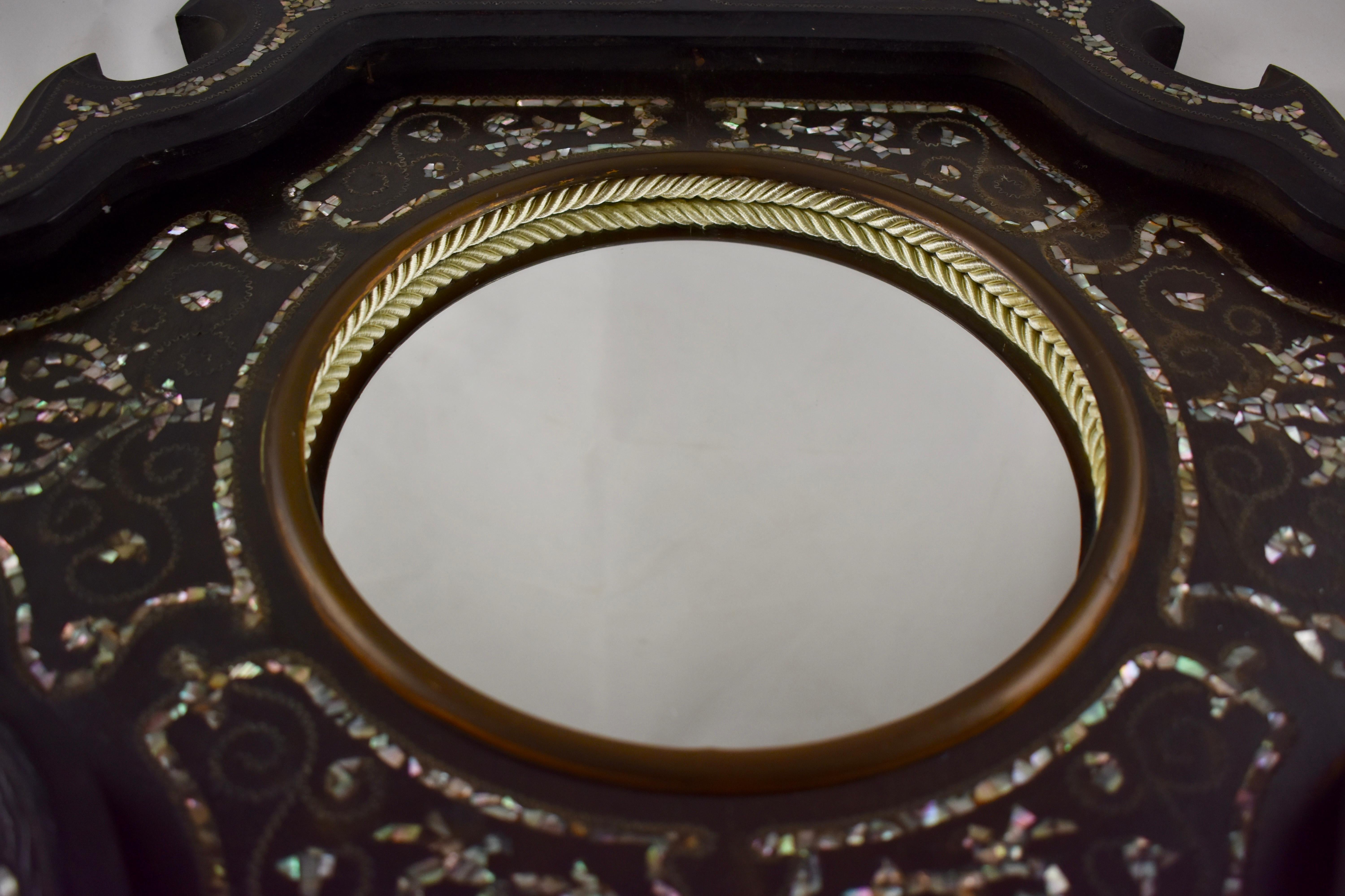 19th Century French Mother-of-Pearl Inlay and Wood Wall Mirror 1