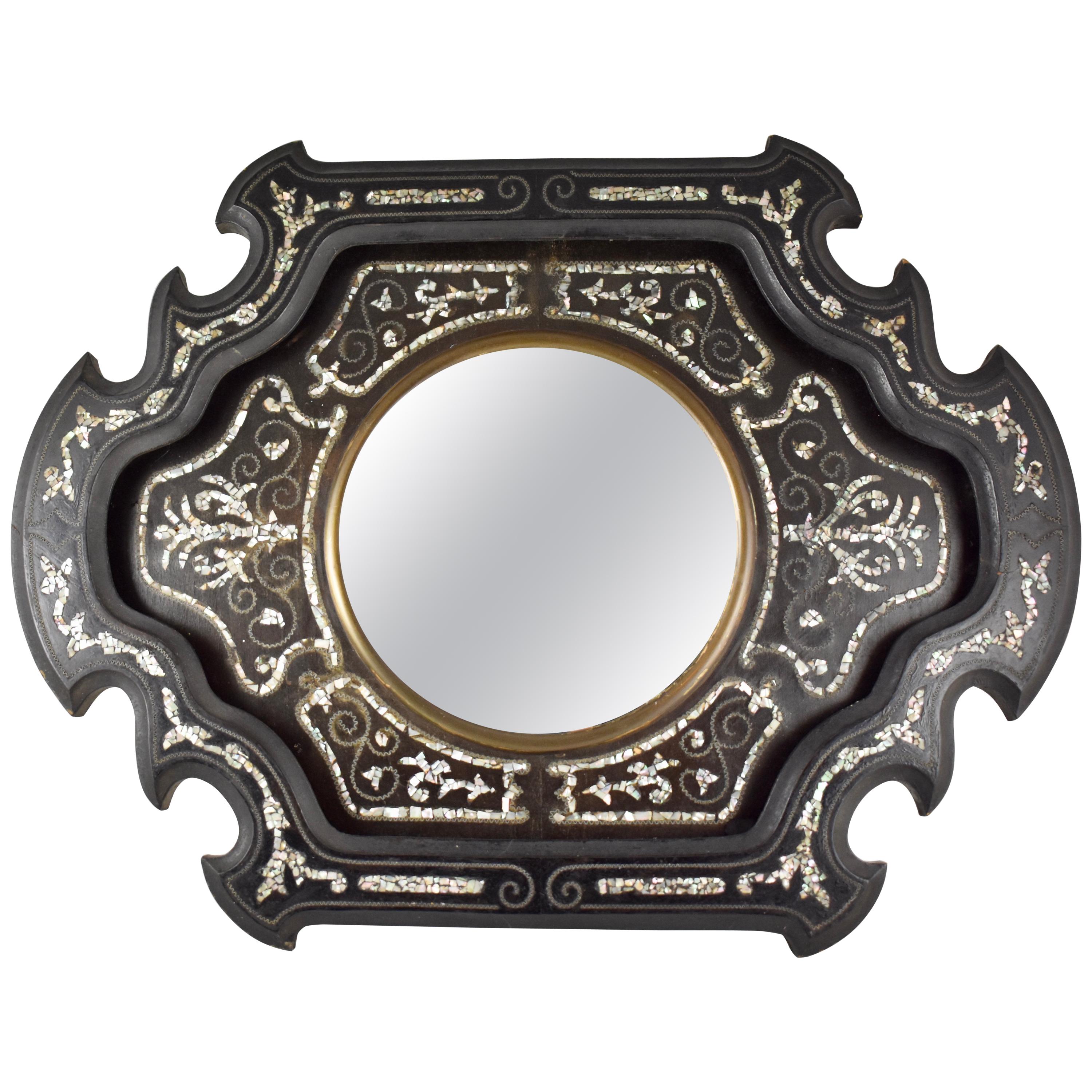 19th Century French Mother-of-Pearl Inlay and Wood Wall Mirror